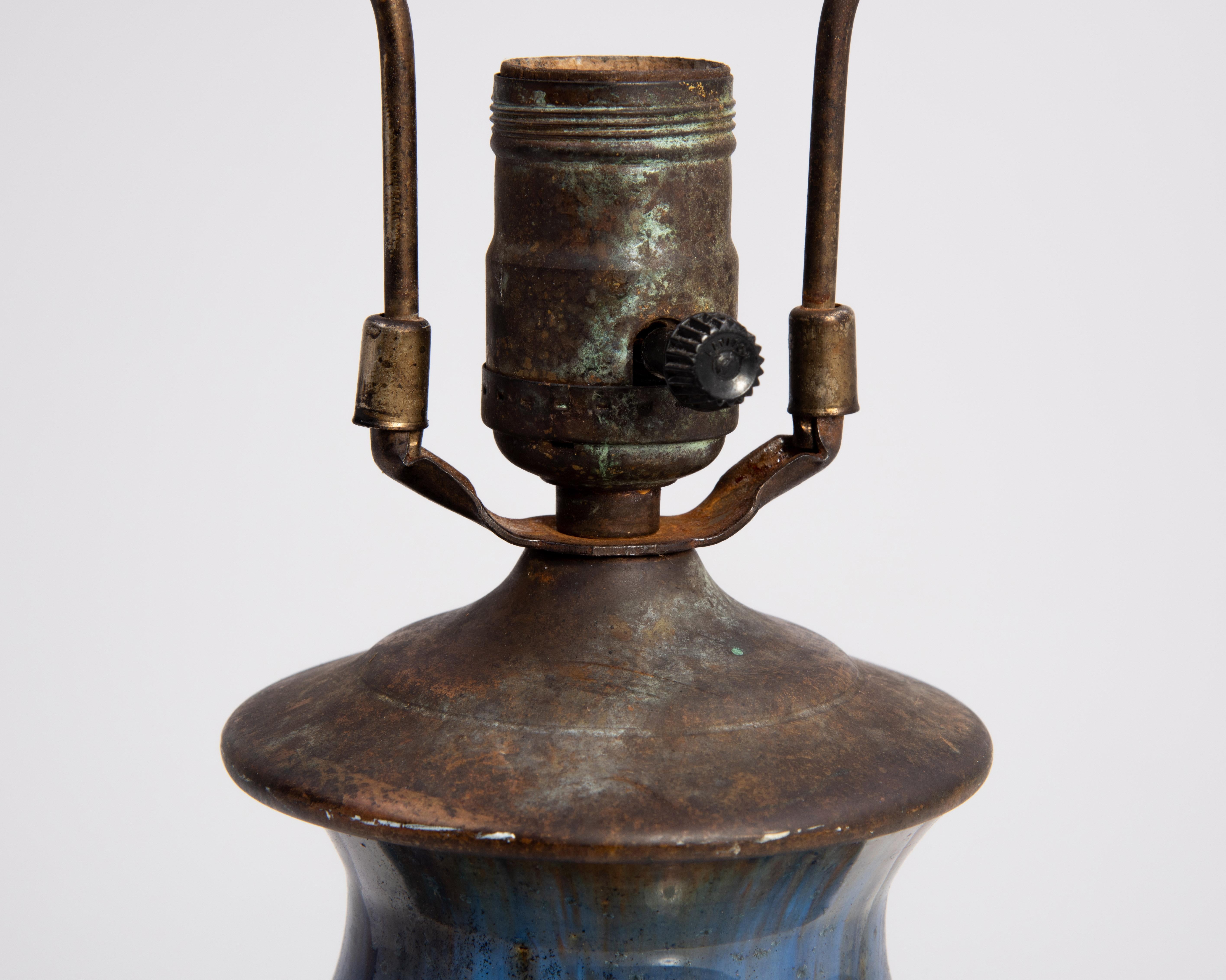 Fulper Arts & Crafts Pottery Lamp Oval Incised Mark Blue Crystalline Glaze Ca. 1 1