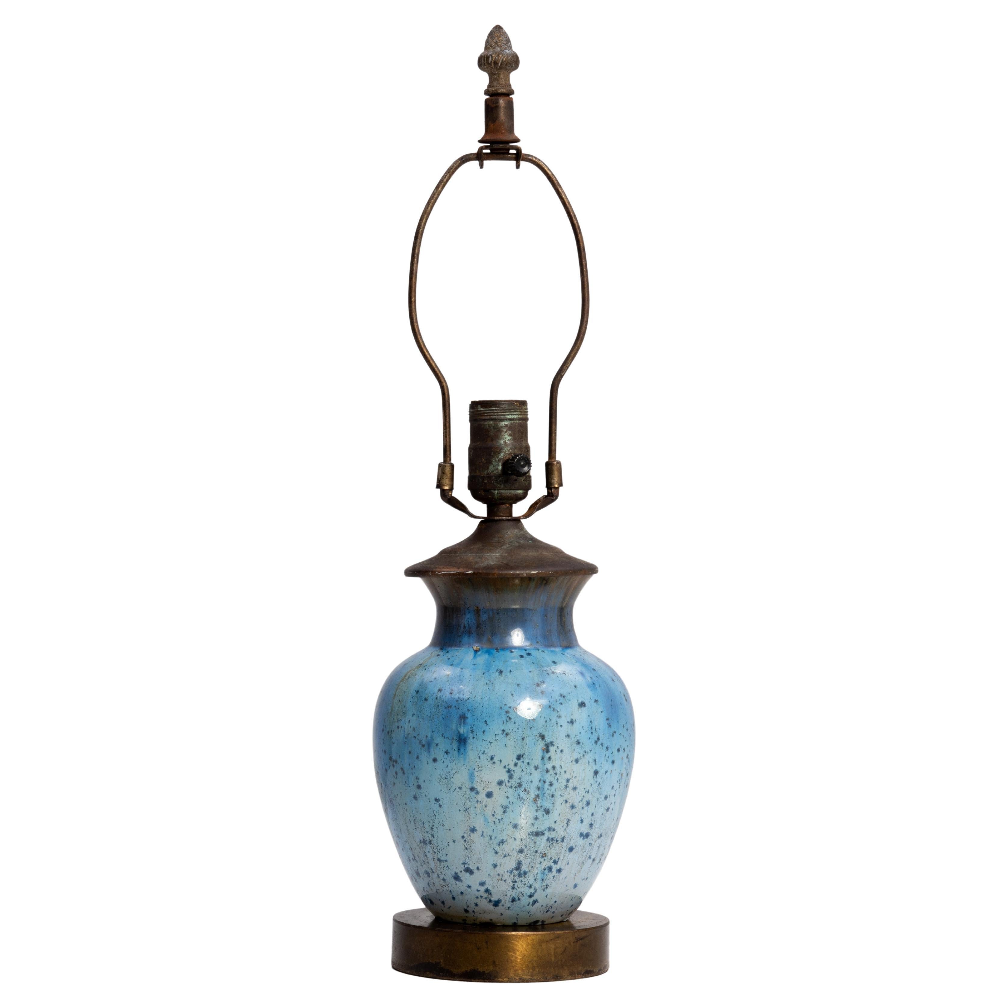 Fulper Arts & Crafts Pottery Lamp Oval Incised Mark Blue Crystalline Glaze Ca. 1