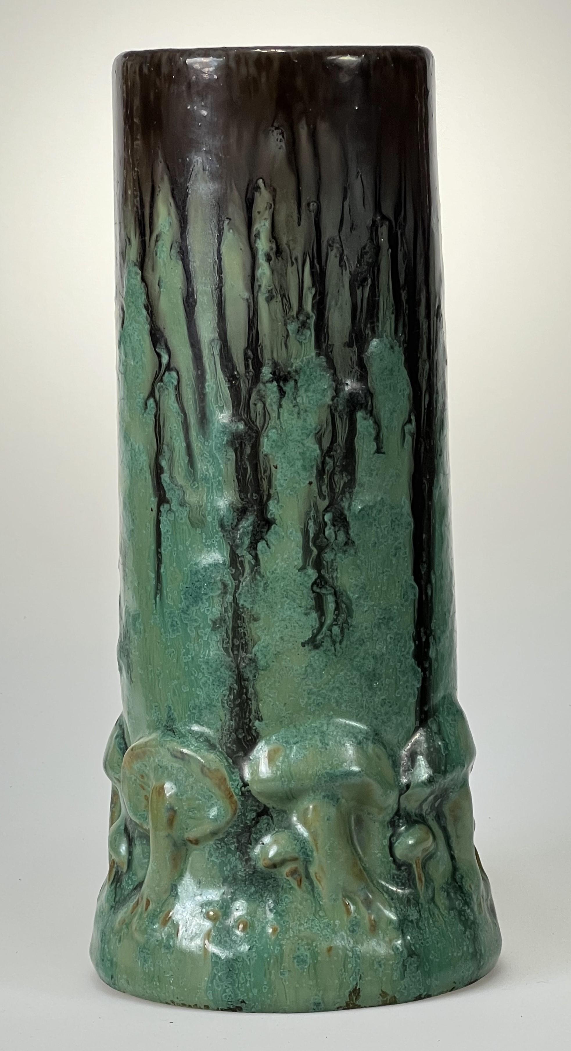 A fantastic Mushroom vase in Fulper's coveted cucumber crystalline with brown/black flambe drips. The glazing is dramatic and includes both crystalline and curdling effects. This is New York/New Jersey Arts and Crafts at it's best and yet they