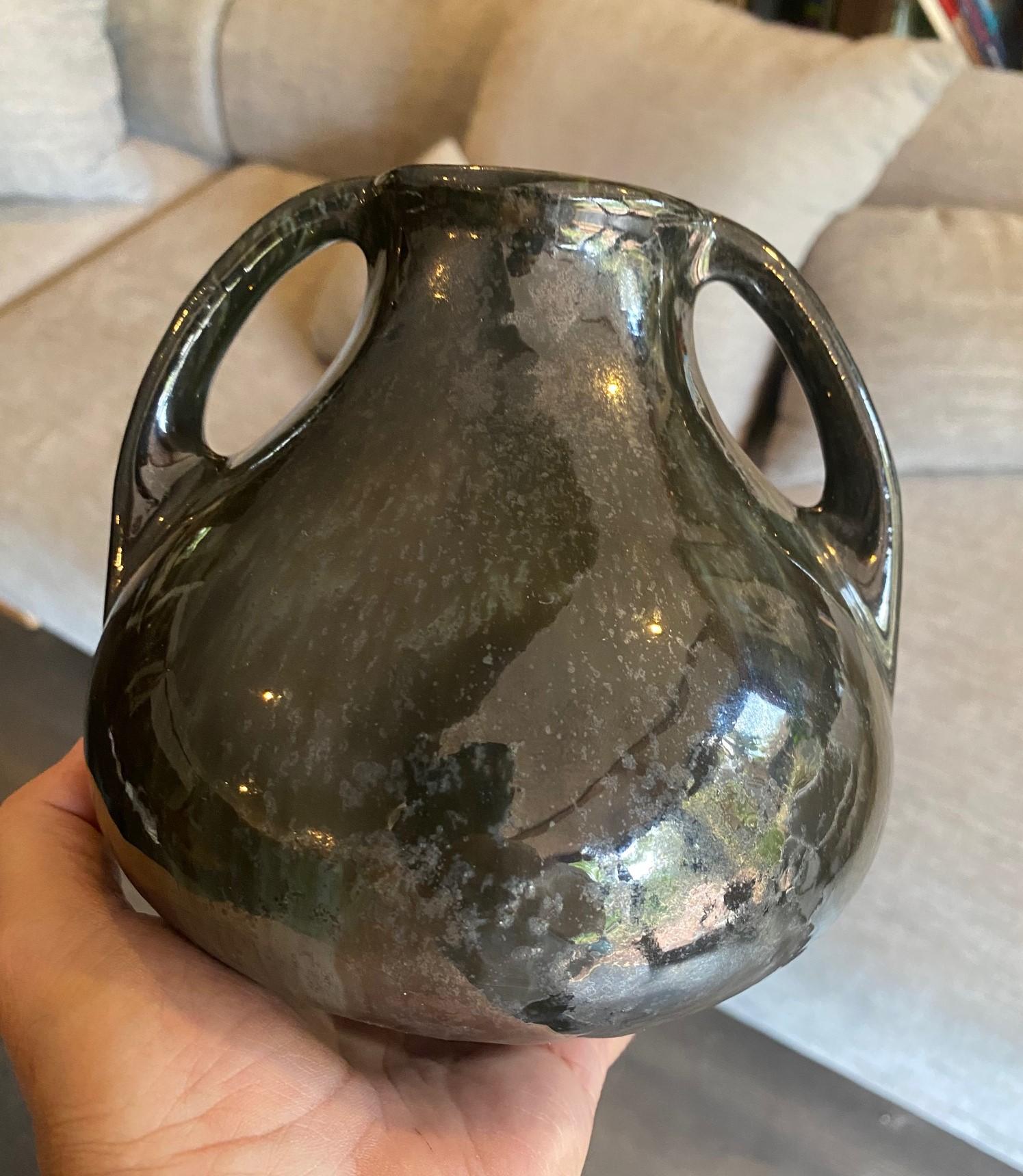 Fulper Pottery Signed Mirror Black Glazed Two Handle Vase , Early 1900s For Sale 5