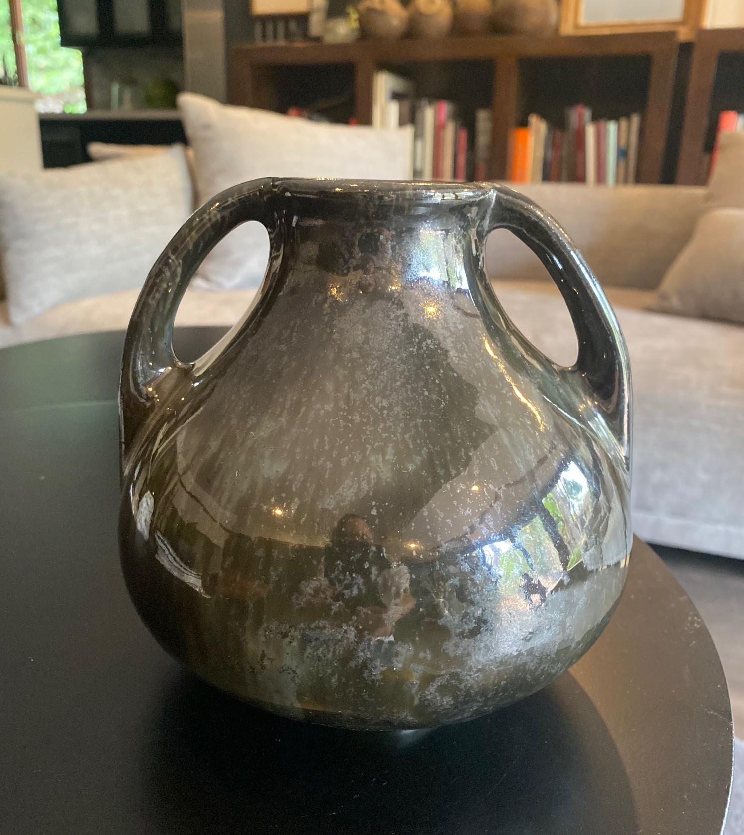 Fulper Pottery Signed Mirror Black Glazed Two Handle Vase , Early 1900s For Sale 11