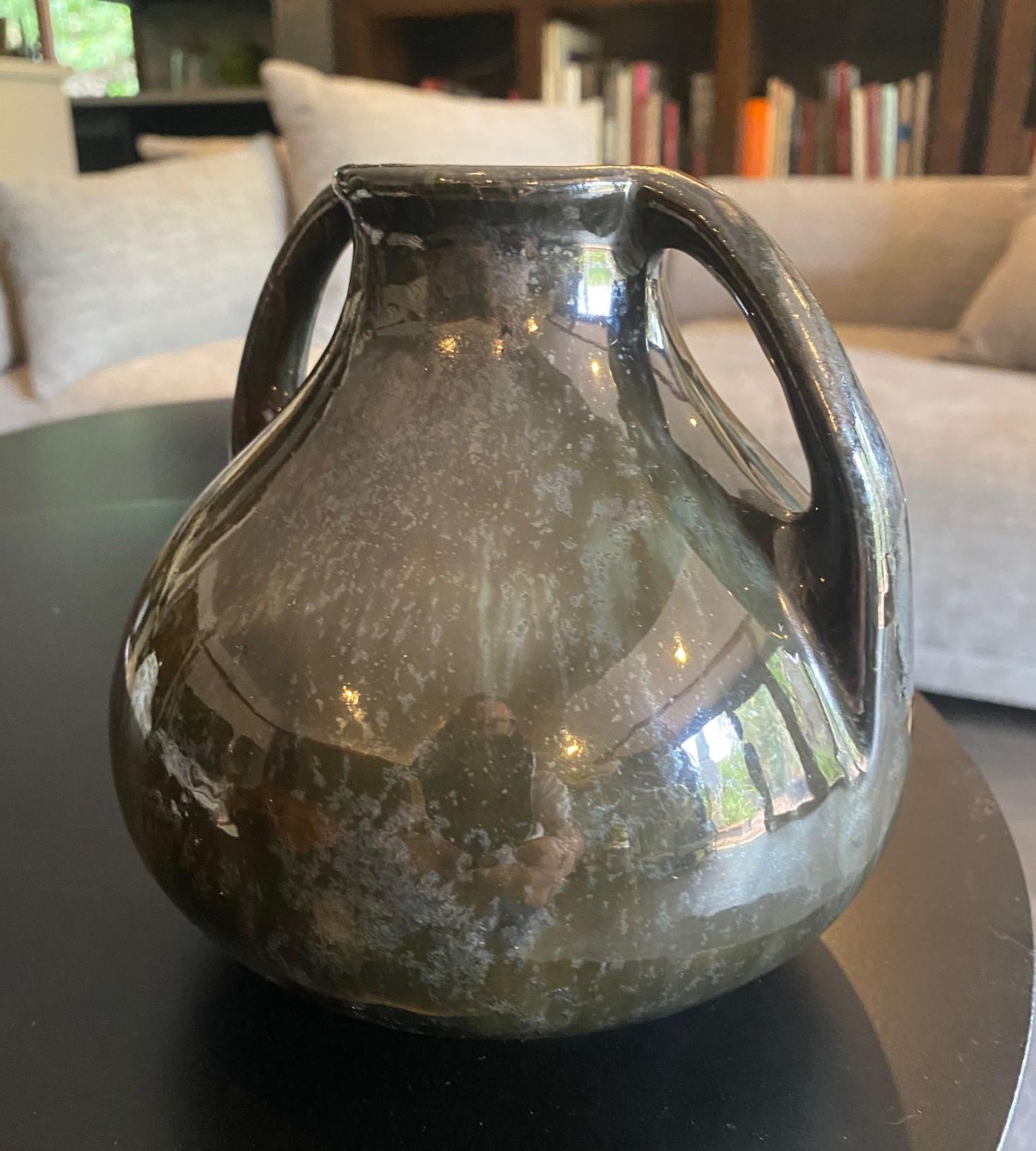 Arts and Crafts Fulper Pottery Signed Mirror Black Glazed Two Handle Vase , Early 1900s For Sale