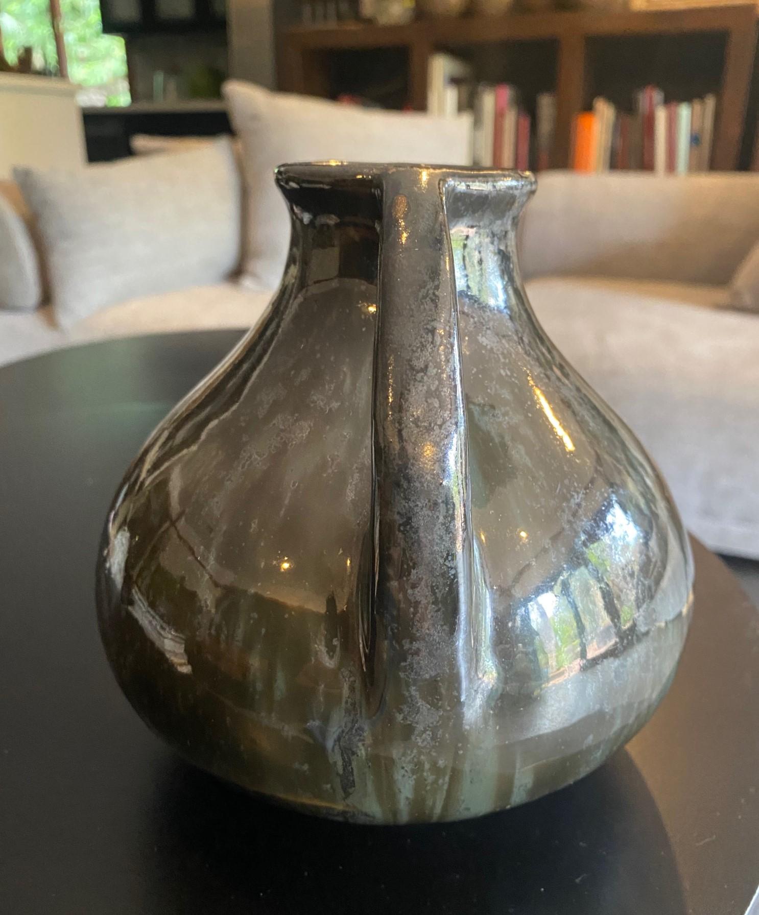 American Fulper Pottery Signed Mirror Black Glazed Two Handle Vase , Early 1900s For Sale