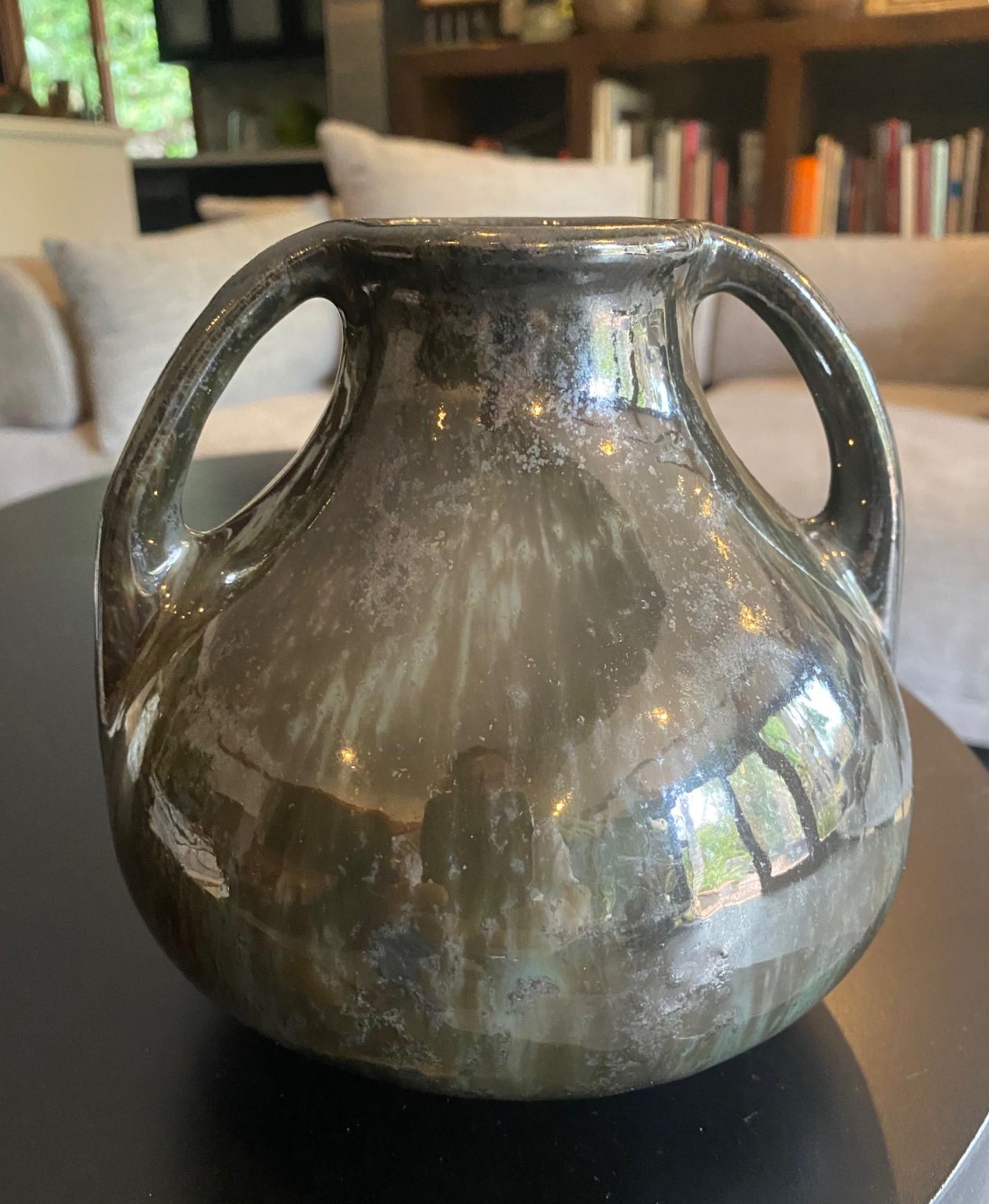 20th Century Fulper Pottery Signed Mirror Black Glazed Two Handle Vase , Early 1900s For Sale