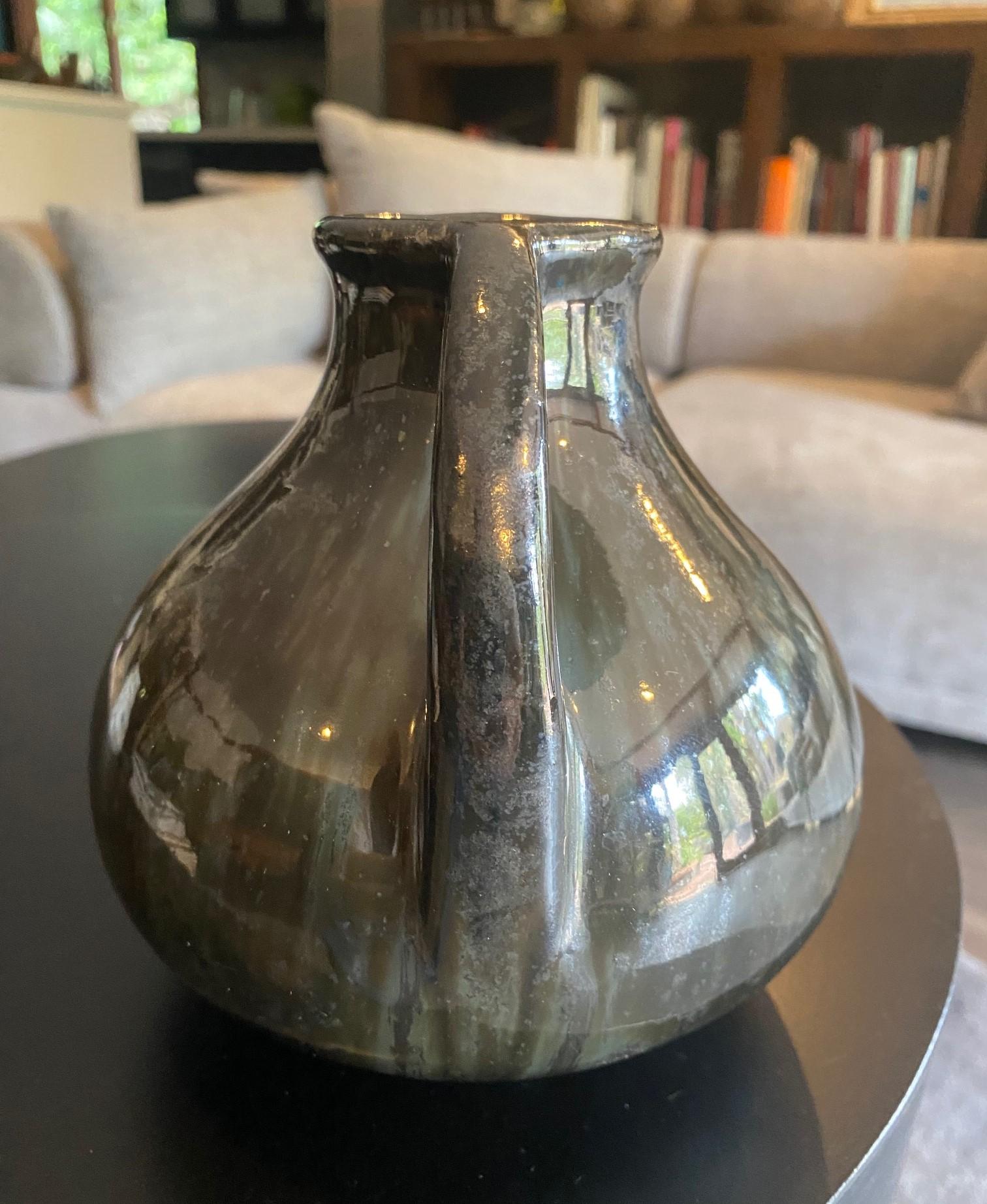 Fulper Pottery Signed Mirror Black Glazed Two Handle Vase , Early 1900s For Sale 1