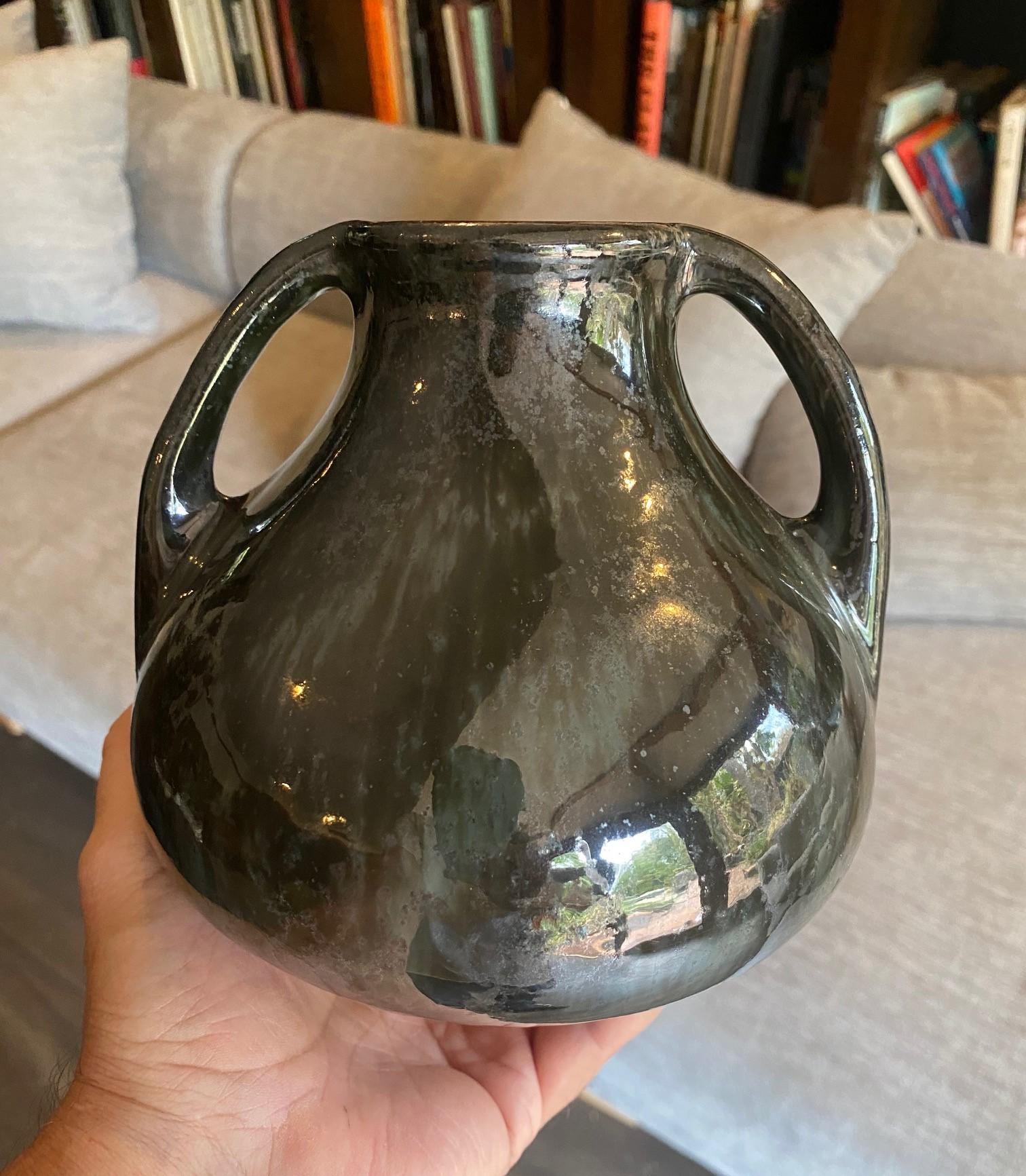 Fulper Pottery Signed Mirror Black Glazed Two Handle Vase , Early 1900s For Sale 3