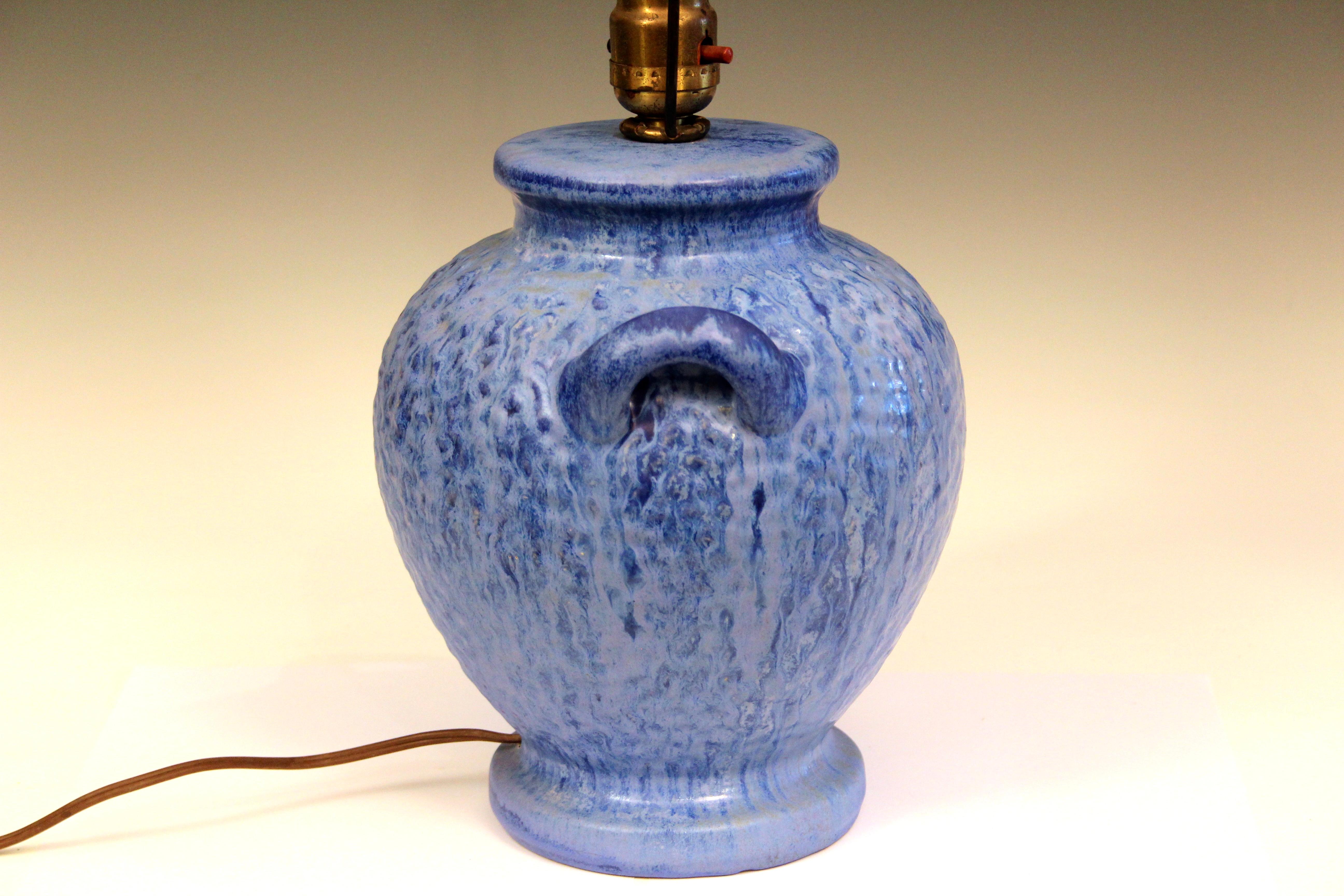 North American Fulper Vintage Pottery Lamp Art Deco Old Blue Drip Flambe Glaze For Sale