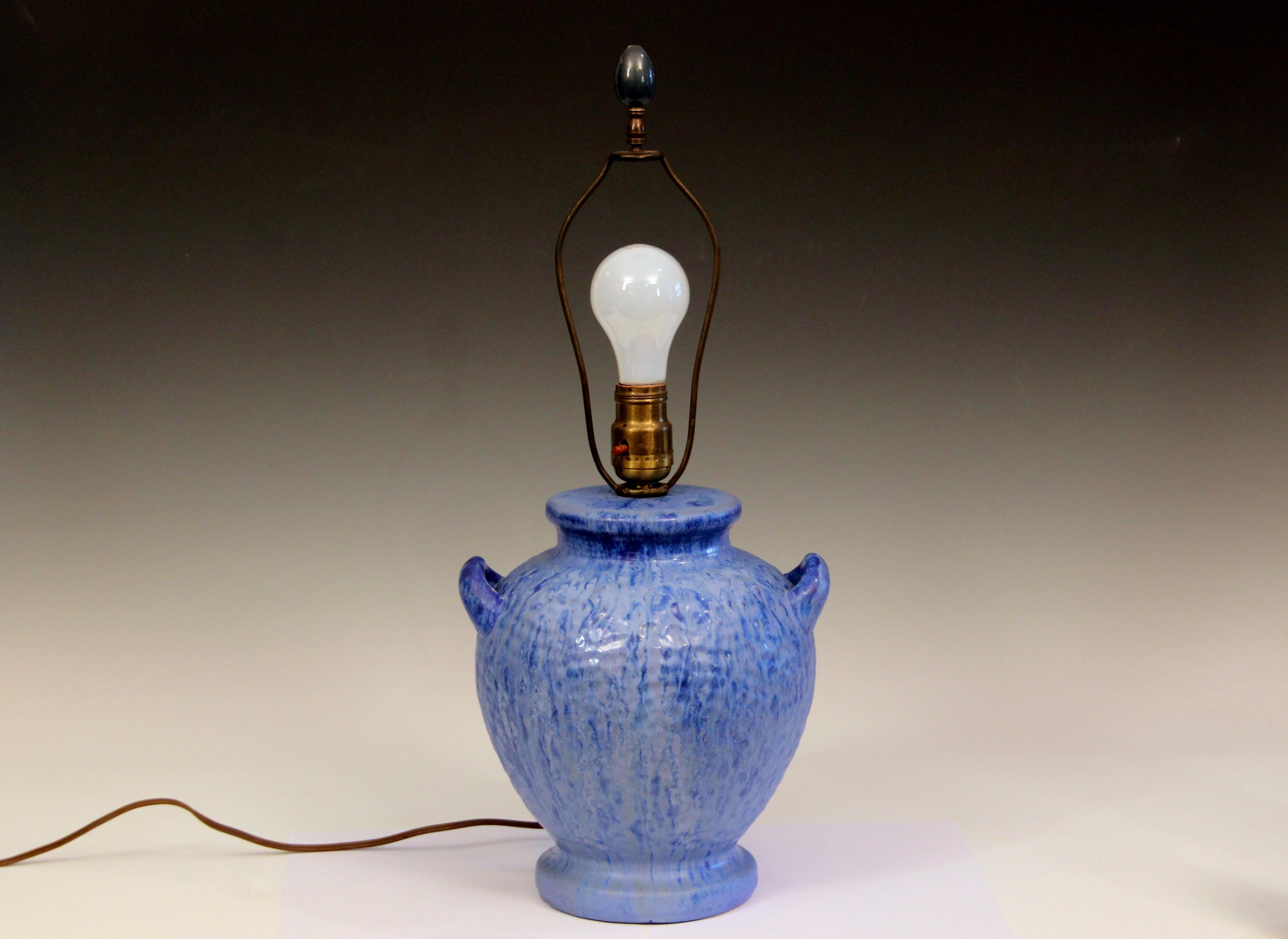 Molded Fulper Vintage Pottery Lamp Art Deco Old Blue Drip Flambe Glaze For Sale