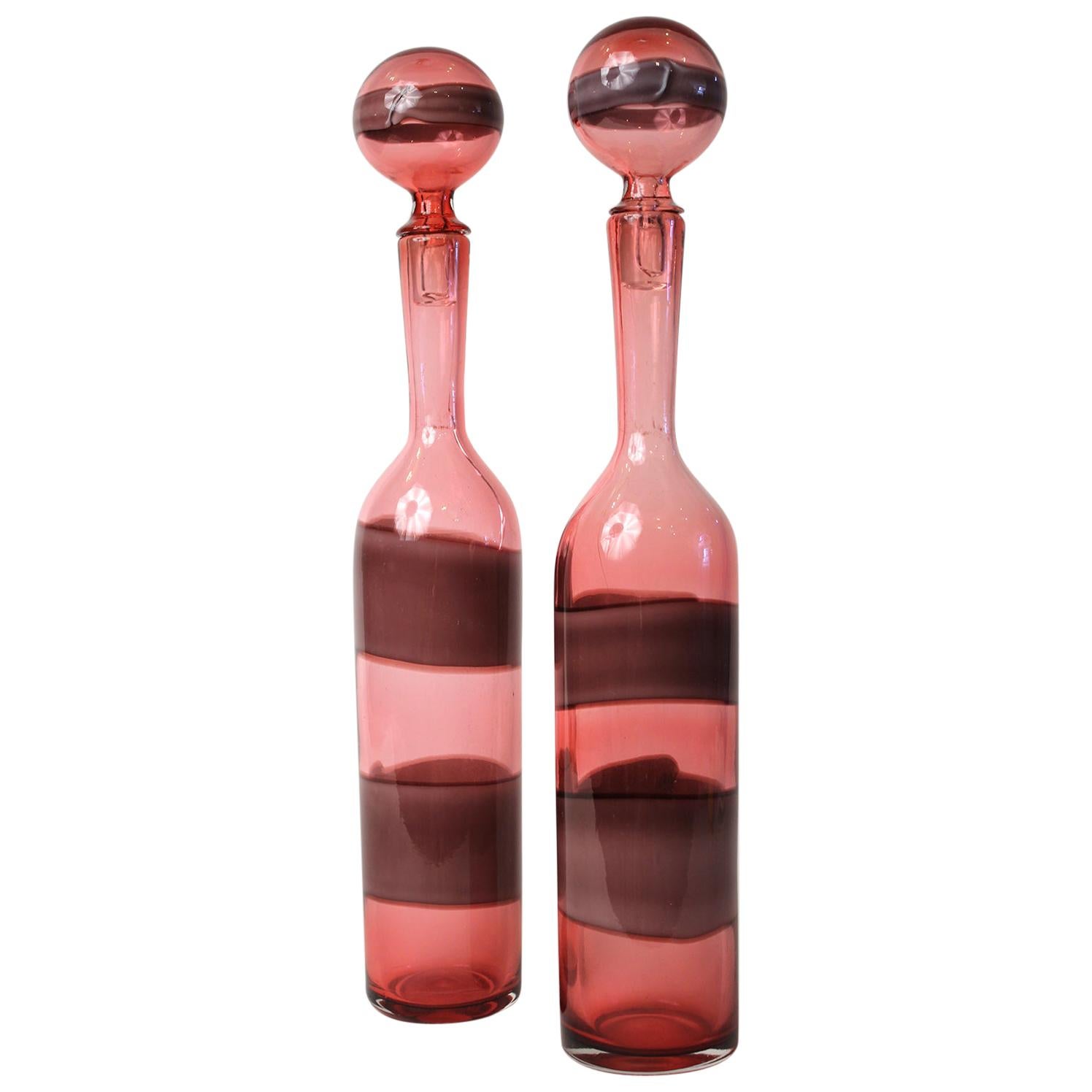 Fulvio Bianconi Fasce Orizzontali Murano Bottles with Stoppers for Venini, Pair For Sale