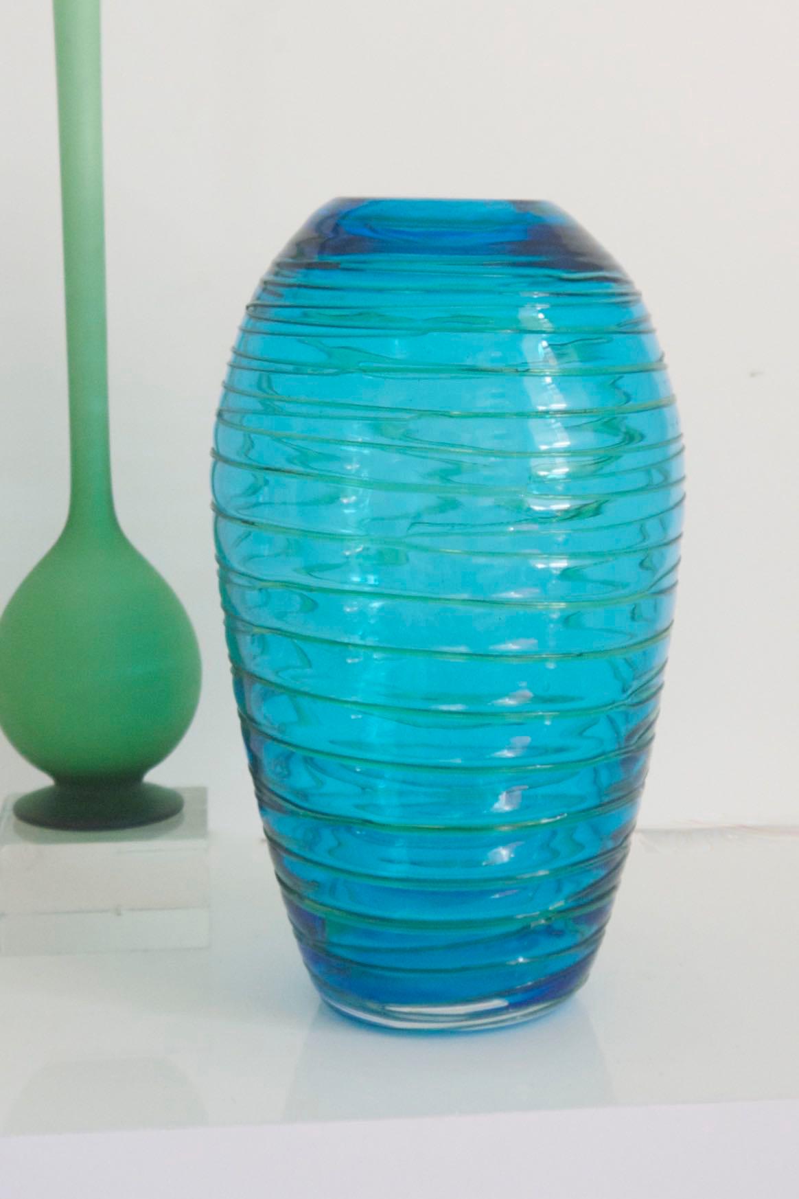 Mid-Century Modern Fulvio Bianconi for Venini 1970s Turquoise Vase with Applied Lines For Sale