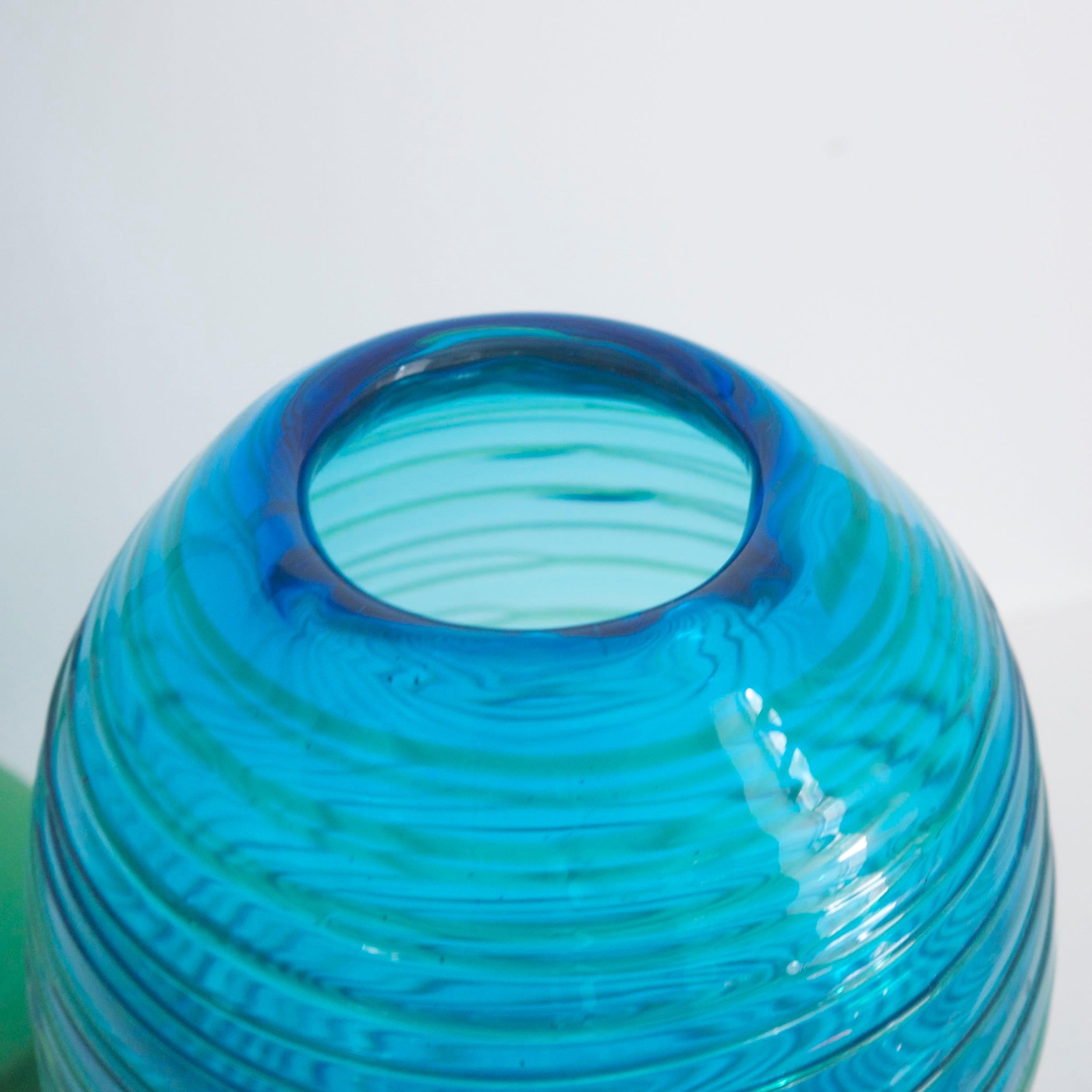 Italian Fulvio Bianconi for Venini 1970s Turquoise Vase with Applied Lines For Sale