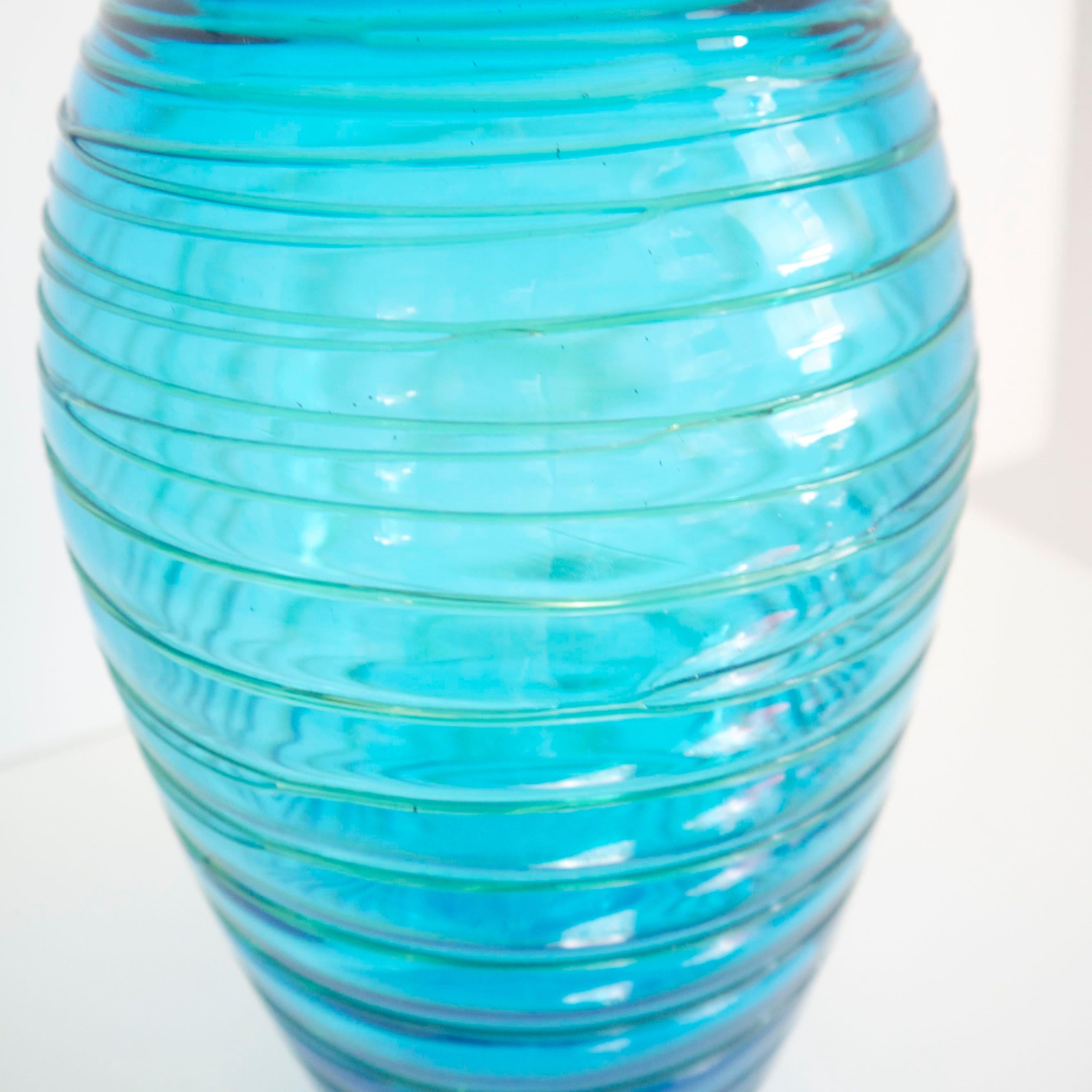 Late 20th Century Fulvio Bianconi for Venini 1970s Turquoise Vase with Applied Lines For Sale