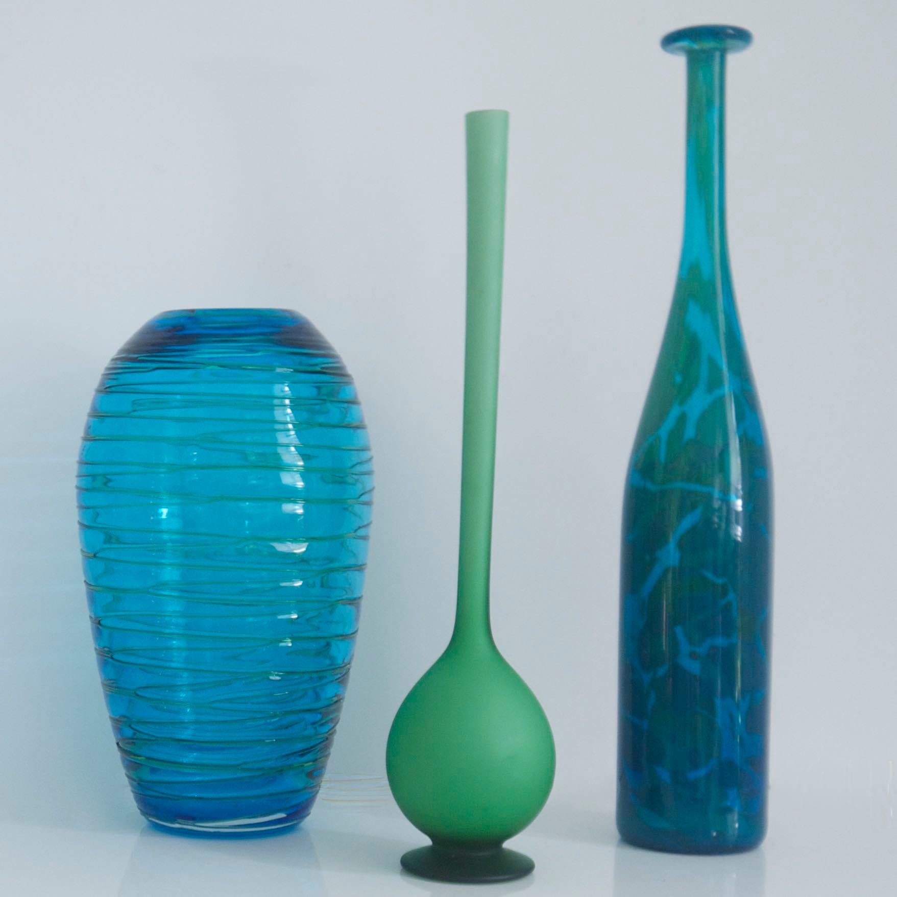 Art Glass Fulvio Bianconi for Venini 1970s Turquoise Vase with Applied Lines For Sale