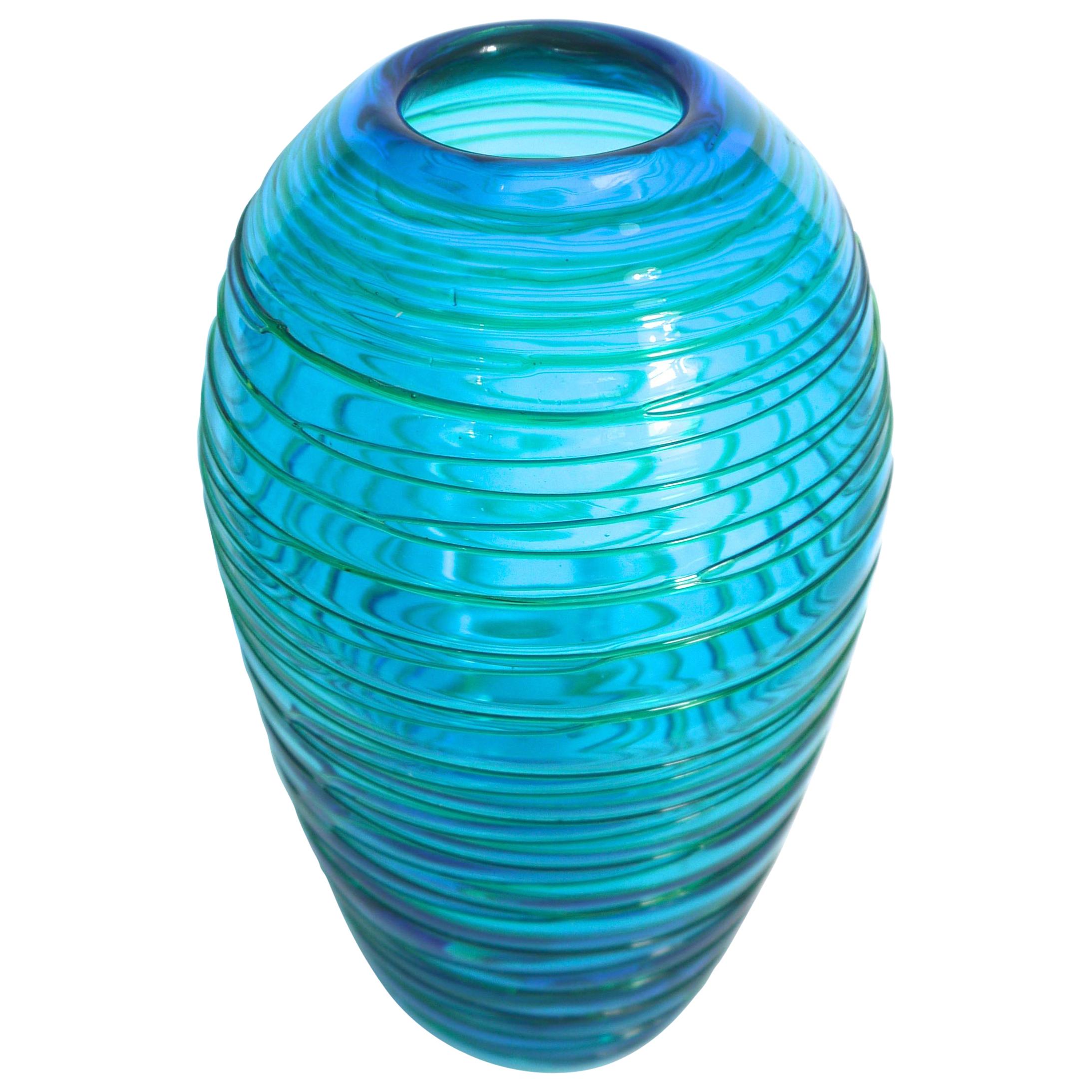 Fulvio Bianconi for Venini 1970s Turquoise Vase with Applied Lines For Sale