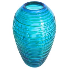 Fulvio Bianconi for Venini 1970s Turquoise Vase with Applied Lines