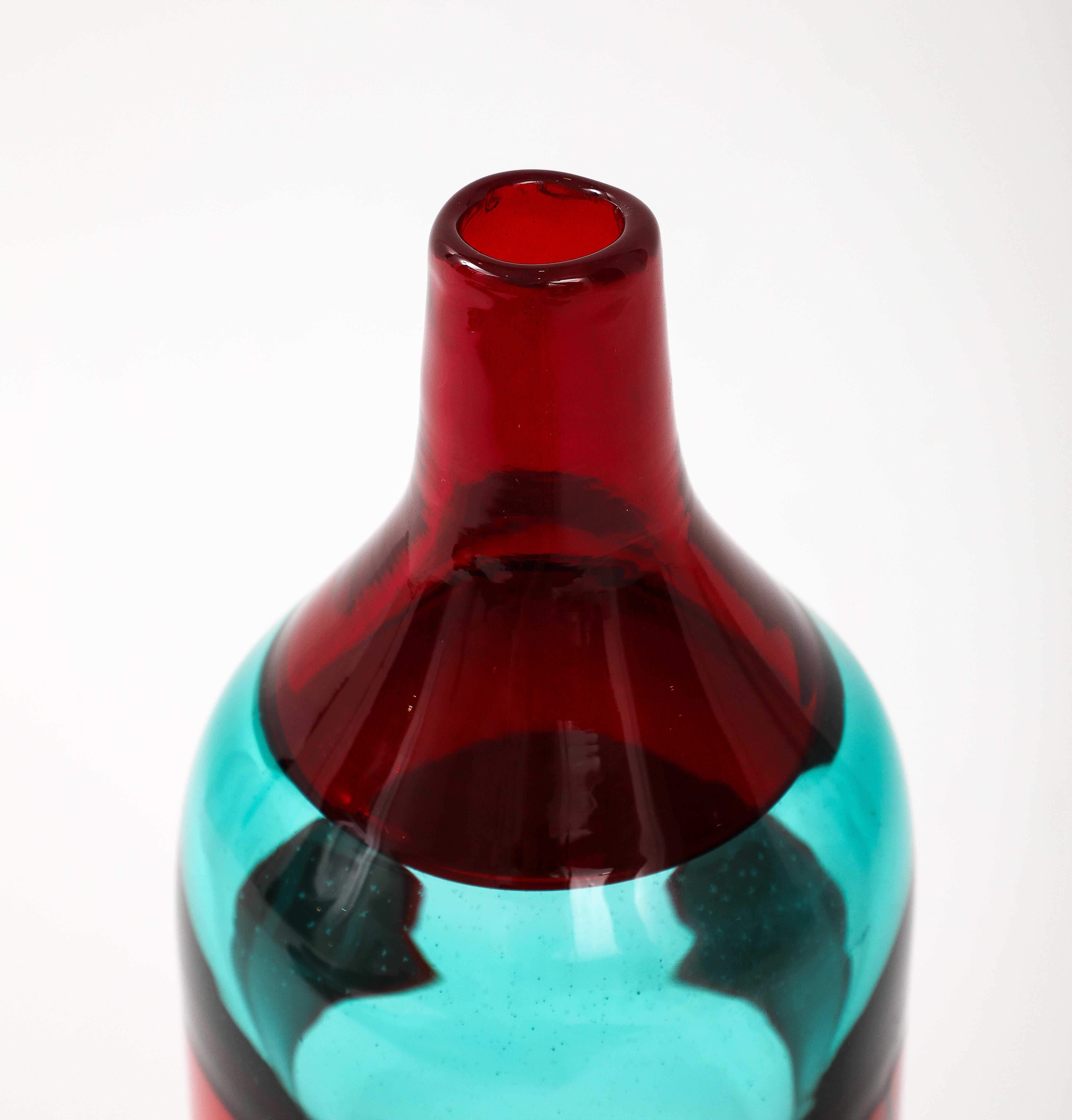 Fulvio Bianconi pour Venini Fasce Orizzontali bouteille modèle 4315 en verre rouge vert  en vente 1
