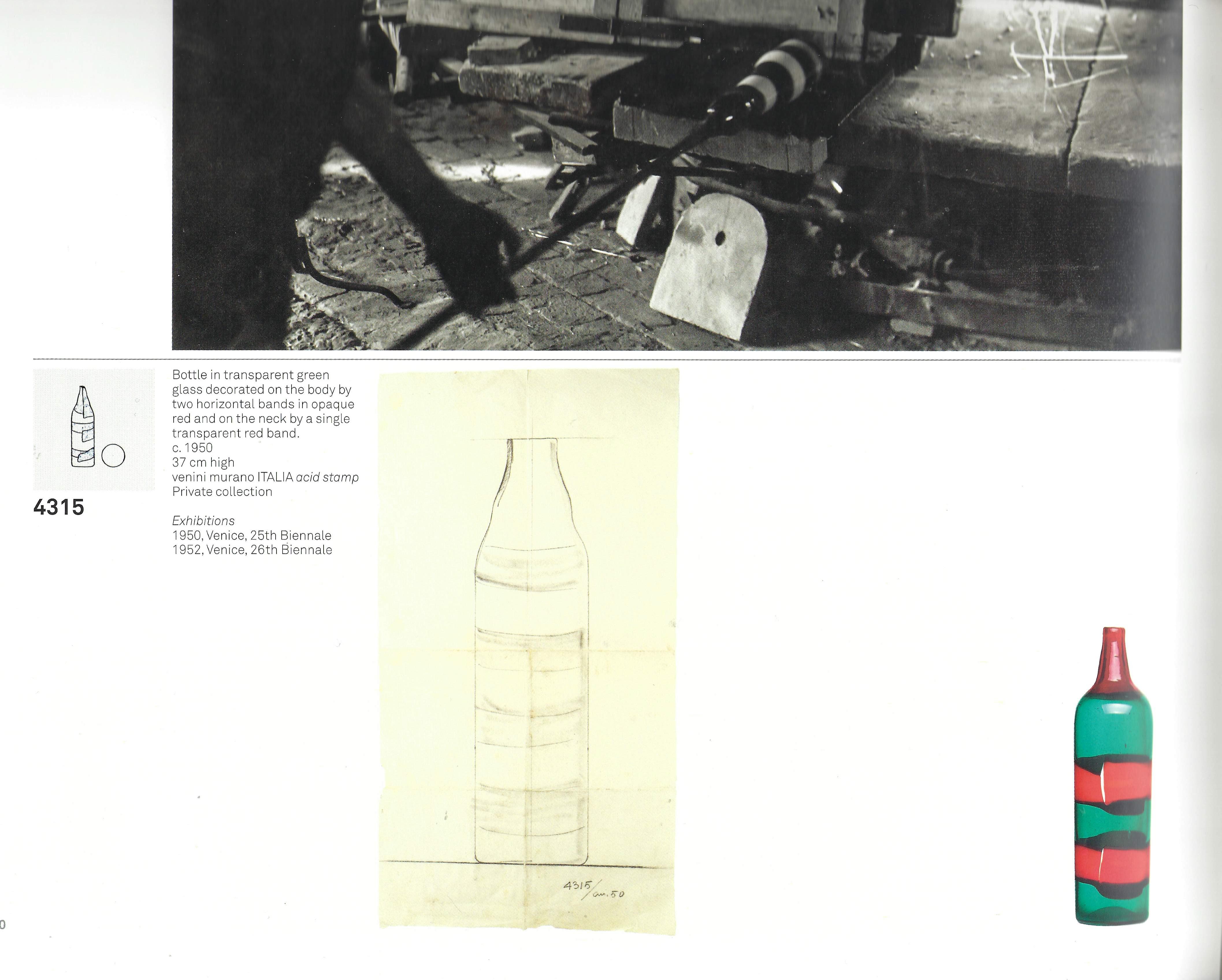 Fulvio Bianconi pour Venini Fasce Orizzontali bouteille modèle 4315 en verre rouge vert  en vente 7