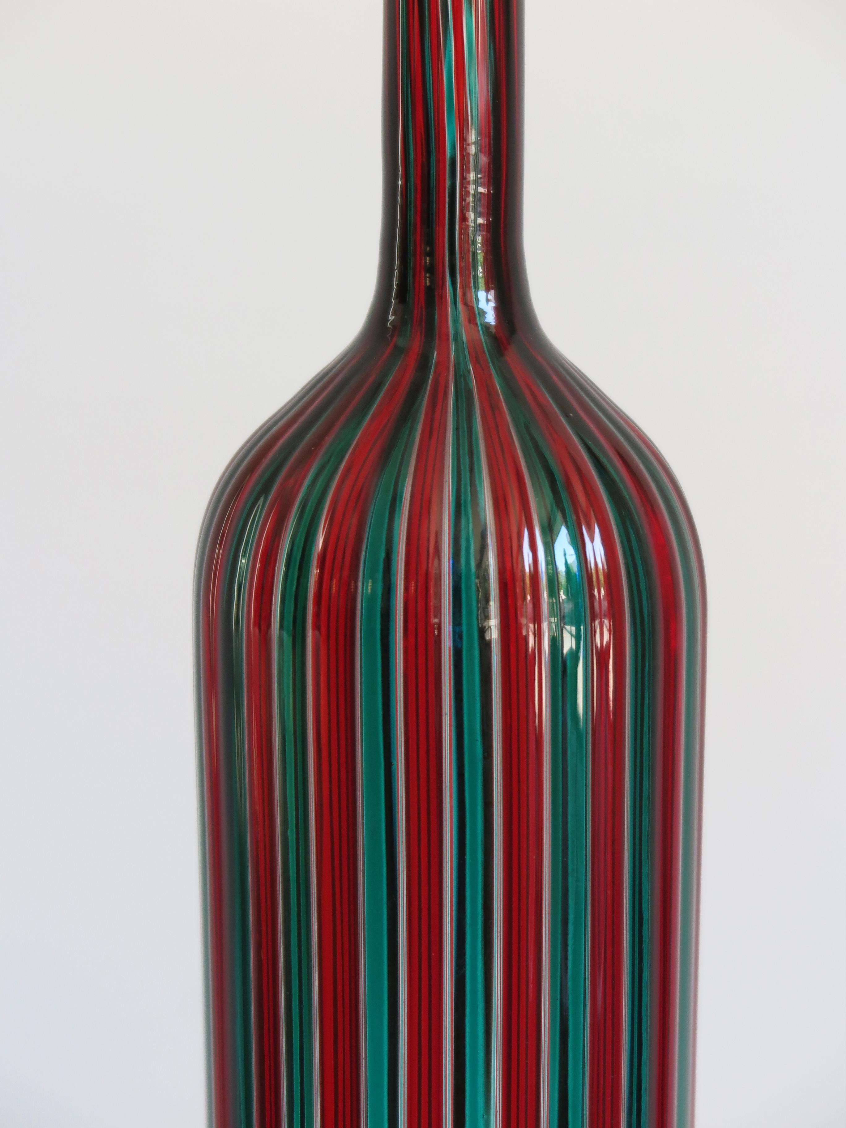 Mid-Century Modern Fulvio Bianconi for Venini Murano Italy Red and Green Glass Bottle, 1988 For Sale