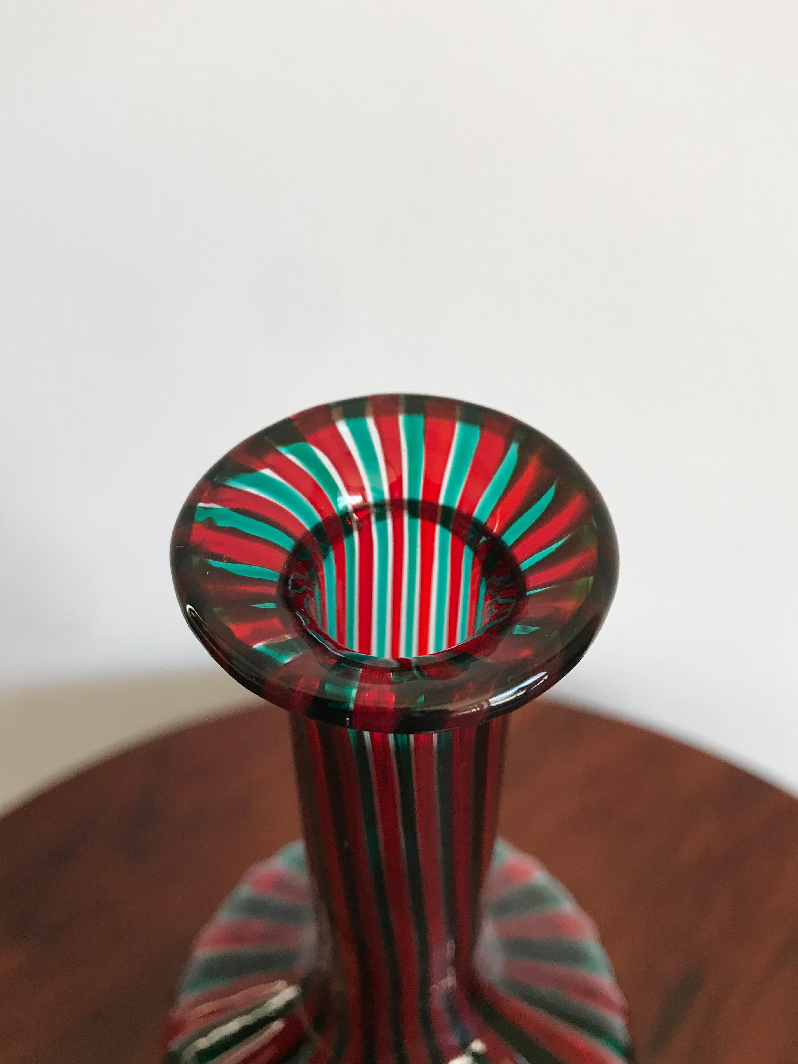 Mid-Century Modern Fulvio Bianconi for Venini Murano Italy Red and Green Glass Bottle, 1988 For Sale