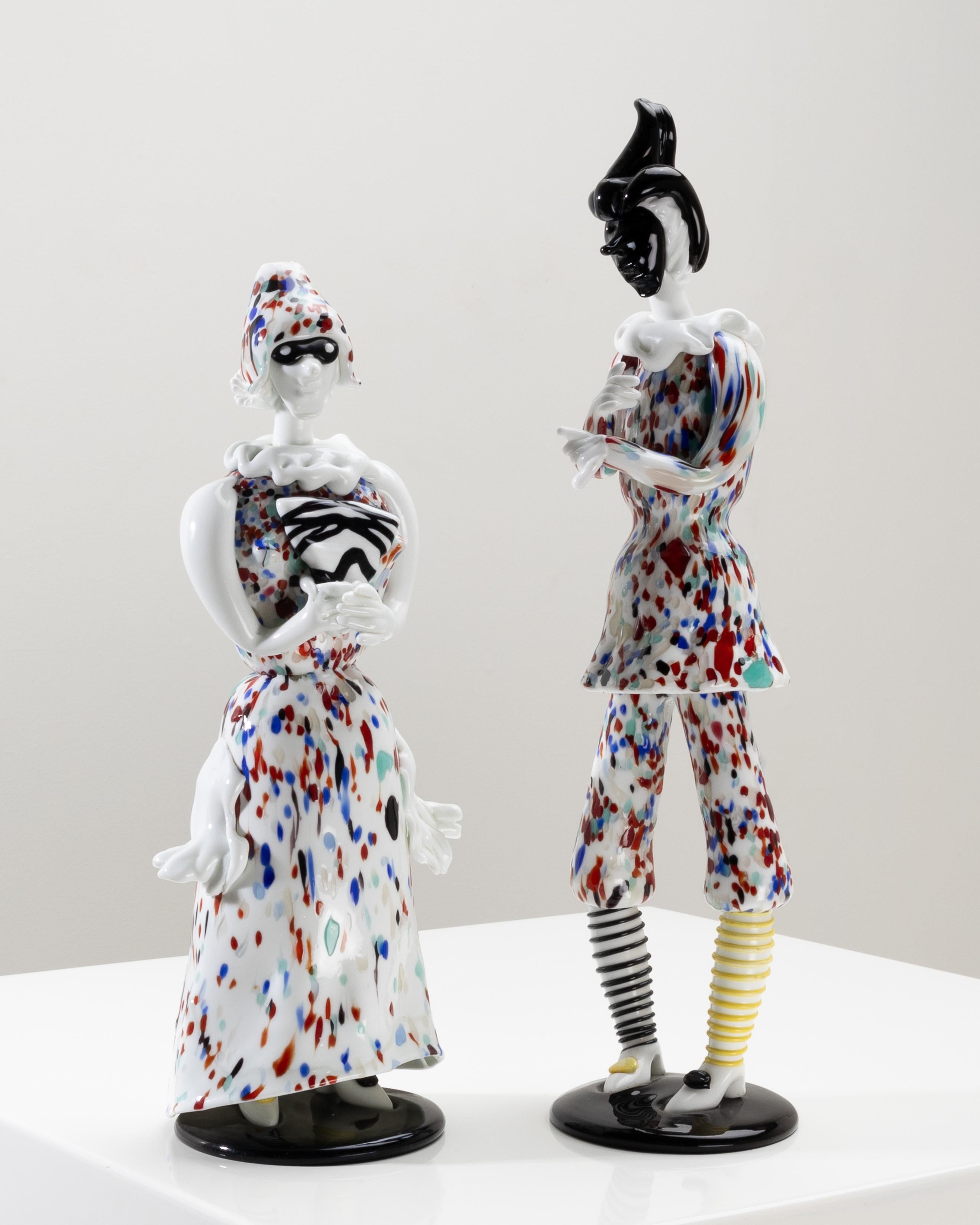 Pareja de figuritas Arlecchino y Arlecchina de Fulvio Bianconi, Venini Murano Italiano en venta