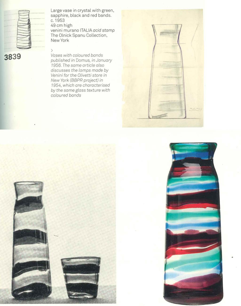 Fulvio Bianconi
Rare Monumental Fasce Orizzontali vase, model 3839
Venini
Italy, circa 1953
glass with polychrome bands
Acid signed “Venini Murano Italia”