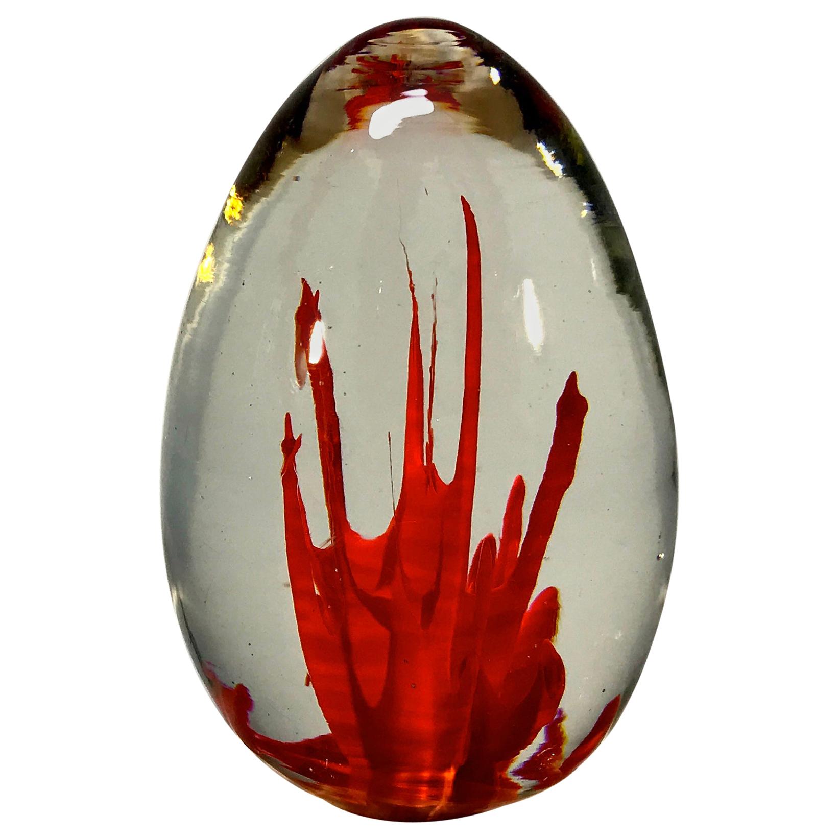 Fulvio Bianconi Signed Venini, Italia, Coral Red Glass Egg Paperweight, 1960s