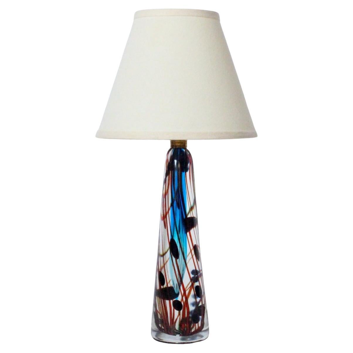 Fulvio Bianconi Style Murano Glass Table Lamp with Blue & Burgundy Ribbons For Sale