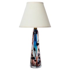 Fulvio Bianconi Style Murano Glass Table Lamp with Blue & Burgundy Ribbons