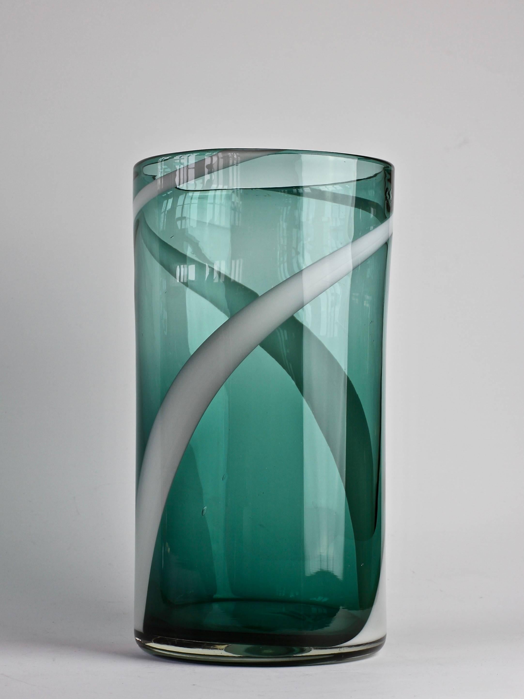 Fulvio Bianconi style Murano glass vase - featuring green glass with white glass inclusions in a spiral form - this piece is very much in the style of Fulvio Bianconi's work for Venini, Italy, circa 1950s.

As yet, an unknown creator.
