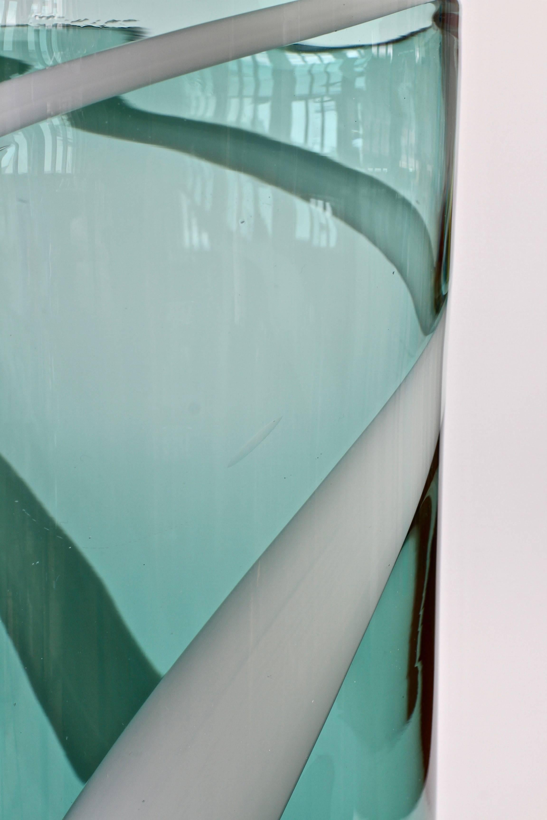 Fulvio Bianconi Style Murano Glass Vase White Striped over Petrol Green, Italy 14