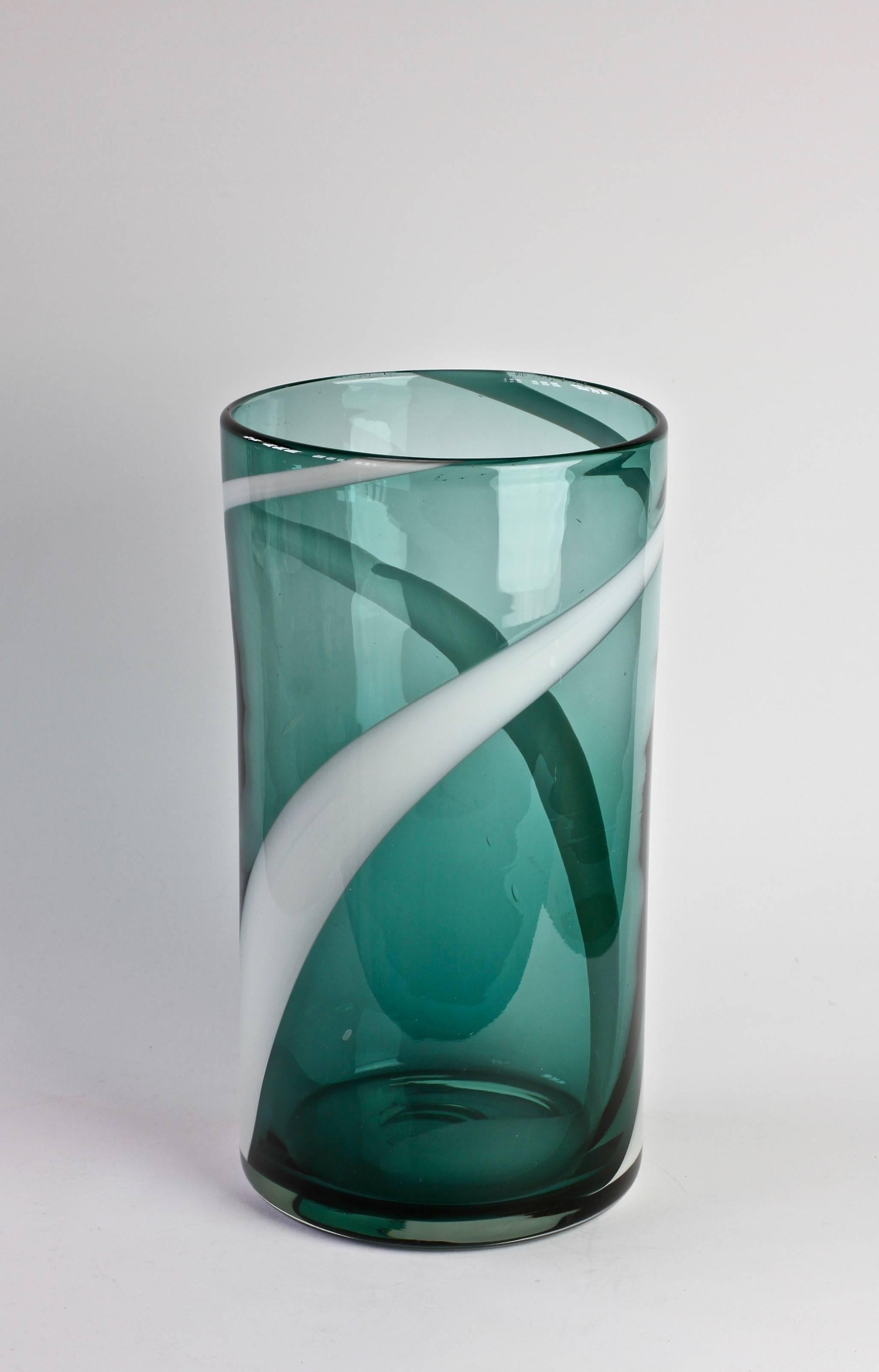 Italian Fulvio Bianconi Style Murano Glass Vase White Striped over Petrol Green, Italy
