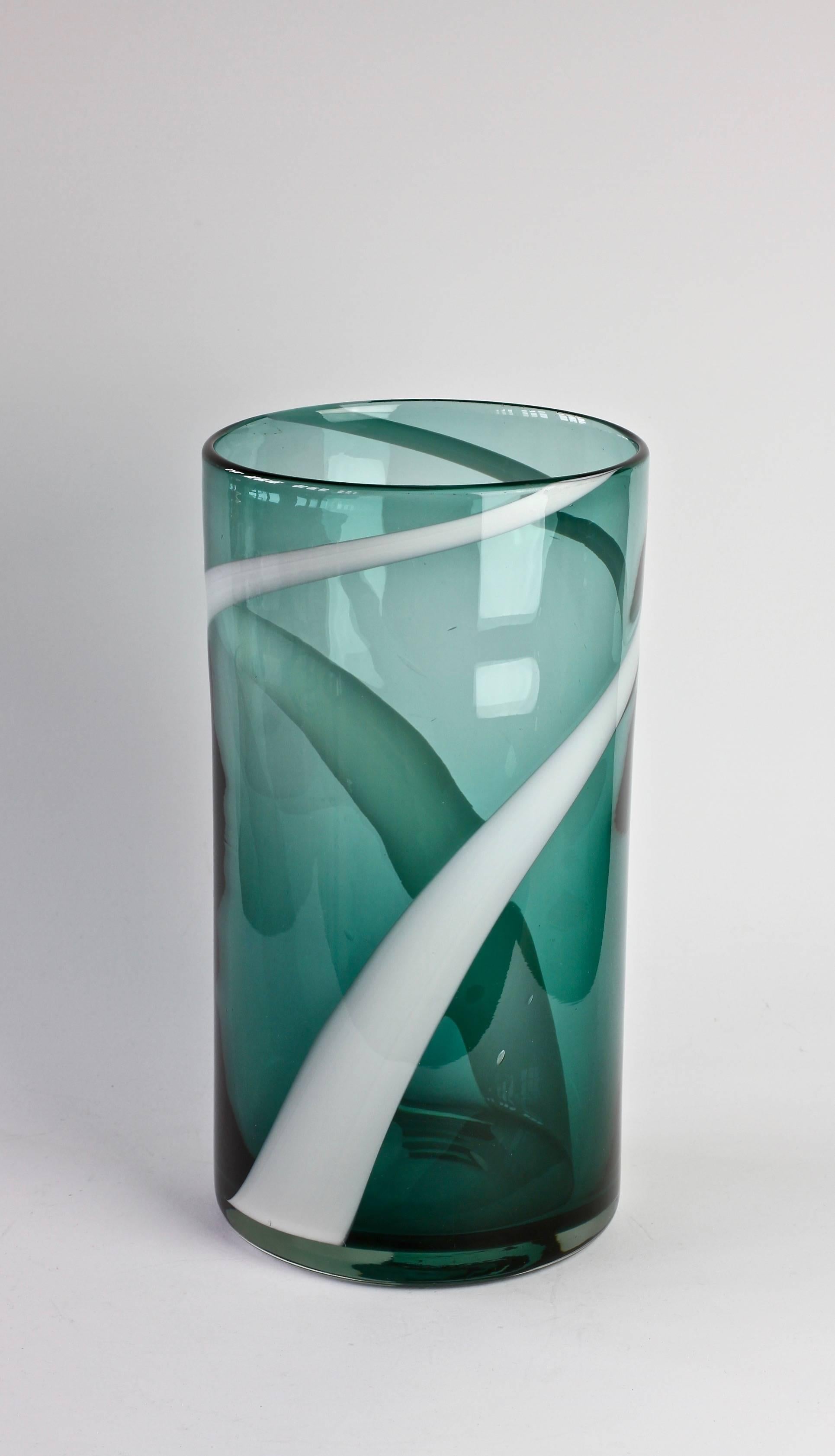 20th Century Fulvio Bianconi Style Murano Glass Vase White Striped over Petrol Green, Italy