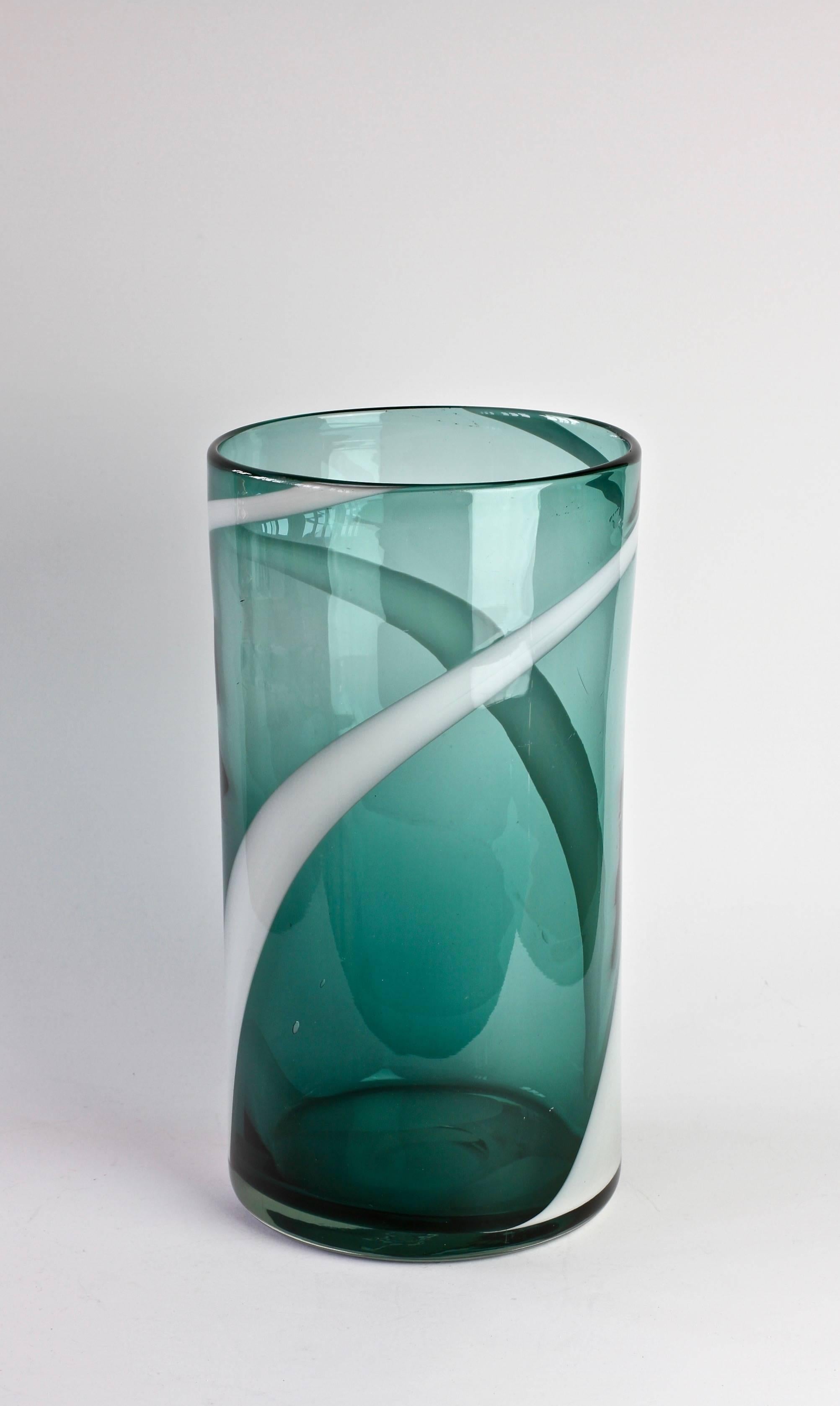 Fulvio Bianconi Style Murano Glass Vase White Striped over Petrol Green, Italy 1