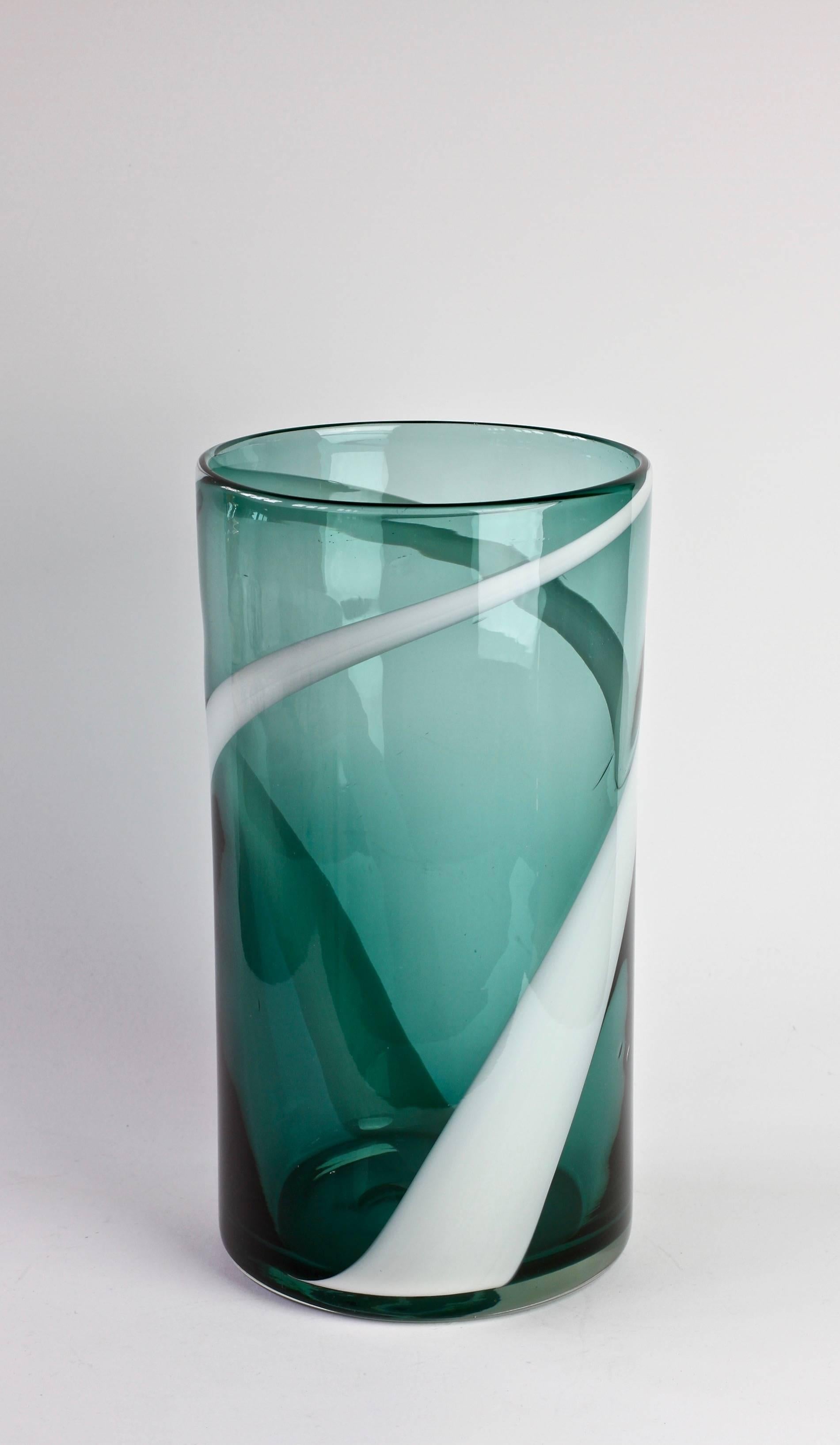 Fulvio Bianconi Style Murano Glass Vase White Striped over Petrol Green, Italy 2