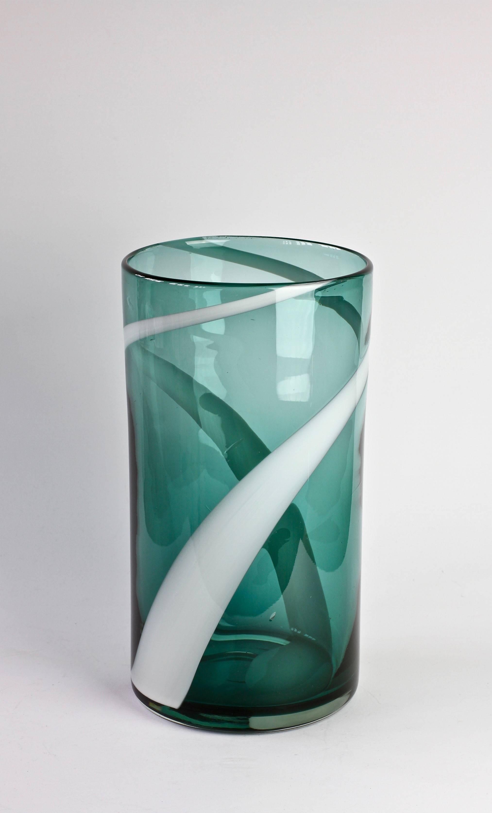 Fulvio Bianconi Style Murano Glass Vase White Striped over Petrol Green, Italy 3