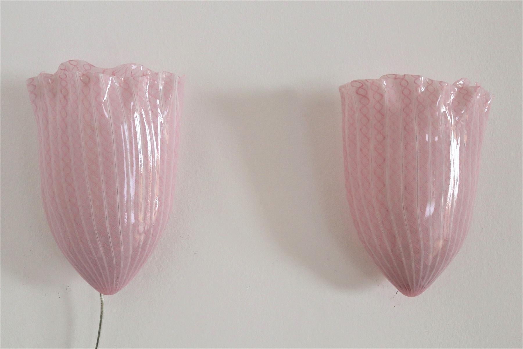 Fulvio Bianconi Venini Italian Midcentury Wall Sconces in Pink Murano Glass For Sale 13