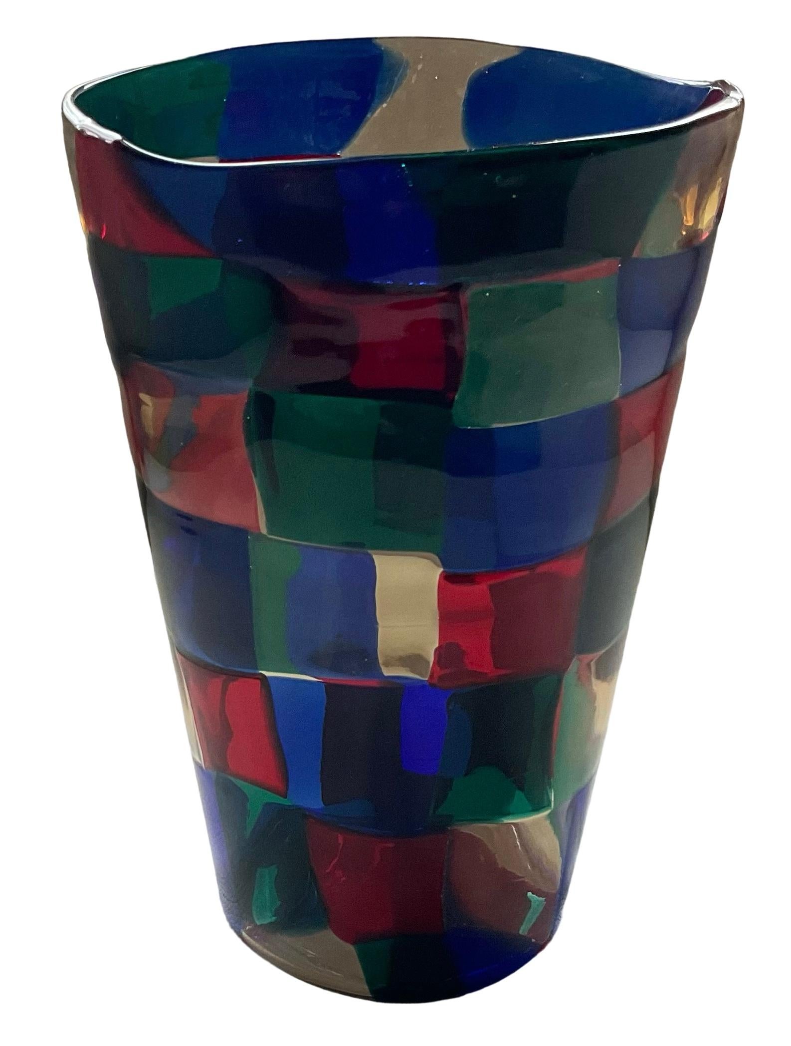 Italian Fulvio Bianconi Venini Murano Patchwork Pezzato Vase Circa 1950’s Acid Signature For Sale