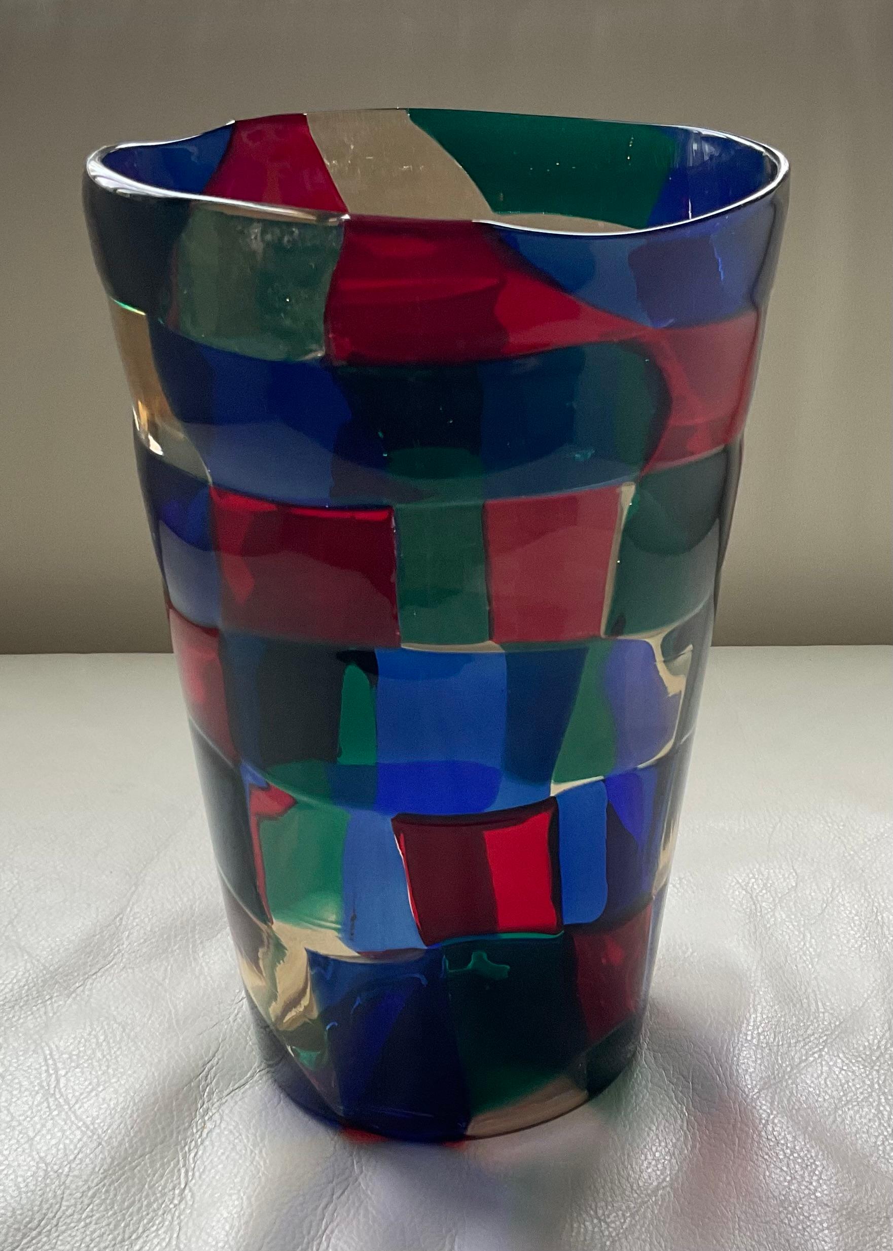 Blown Glass Fulvio Bianconi Venini Murano Patchwork Pezzato Vase Circa 1950’s Acid Signature For Sale