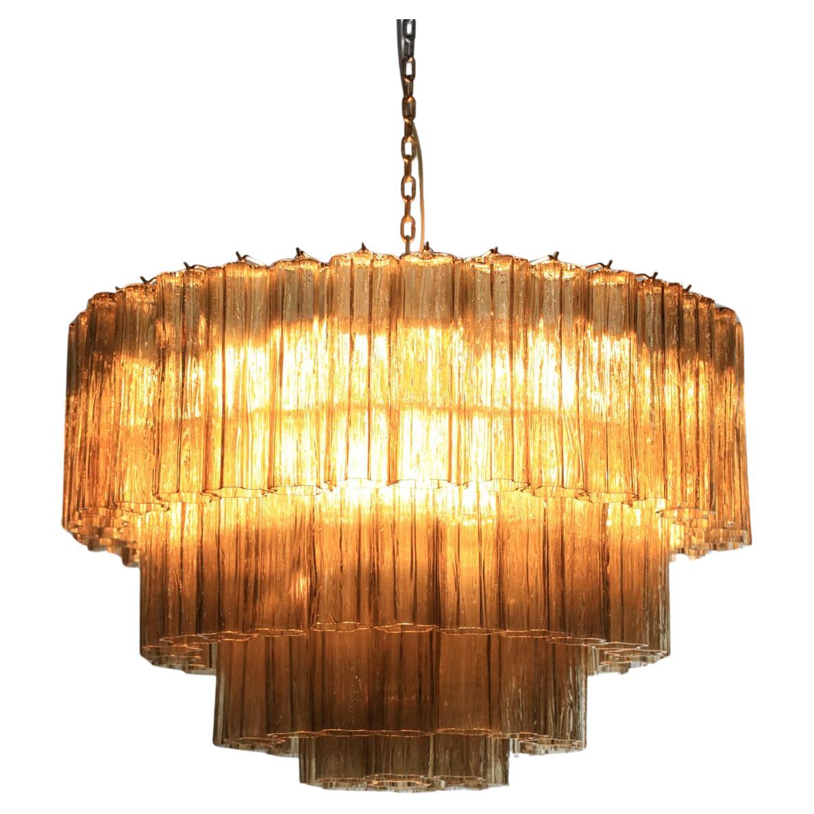 Large contemporary chandelier made by our Italian craftsman. Chrome-plated metal structure. Composed of smoked glass tubes. The chandelier is presented as a pendant, but can also be used as a ceiling light. E14 LED bulbs (15W) dimmable or