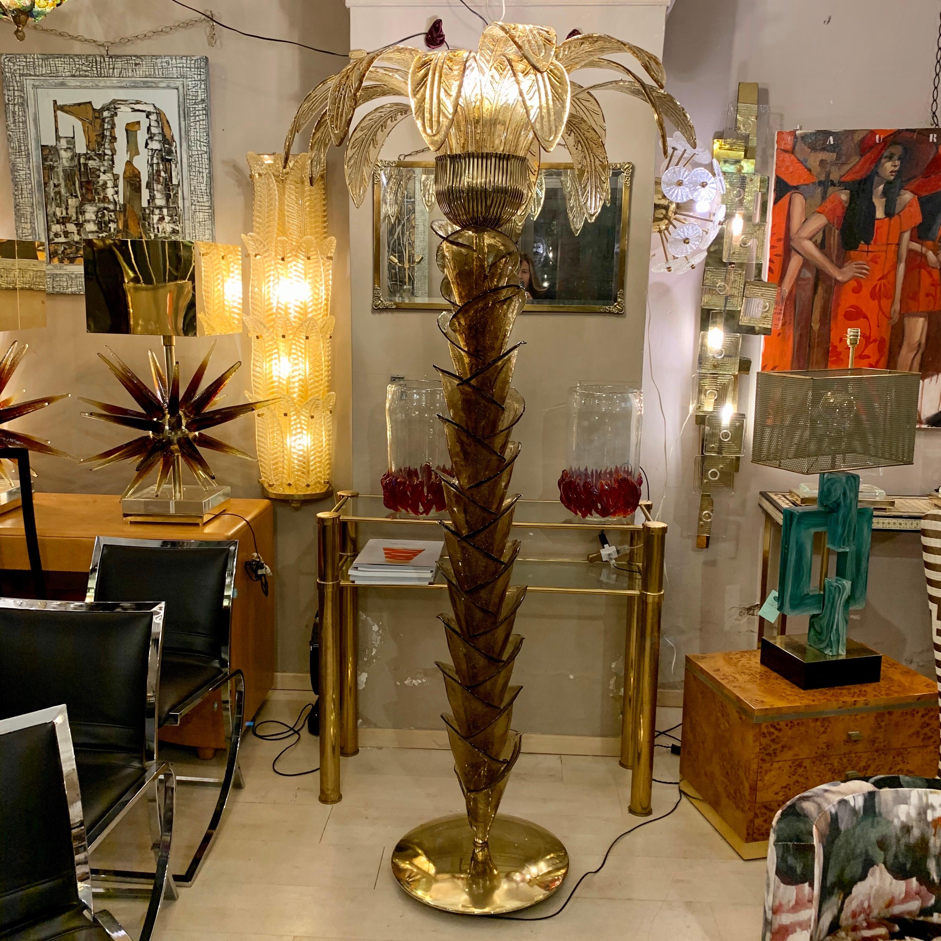 Fumè and Gold Murano Glass Palm Tree Floor Lamp, Brass Fittings, 1970s 7