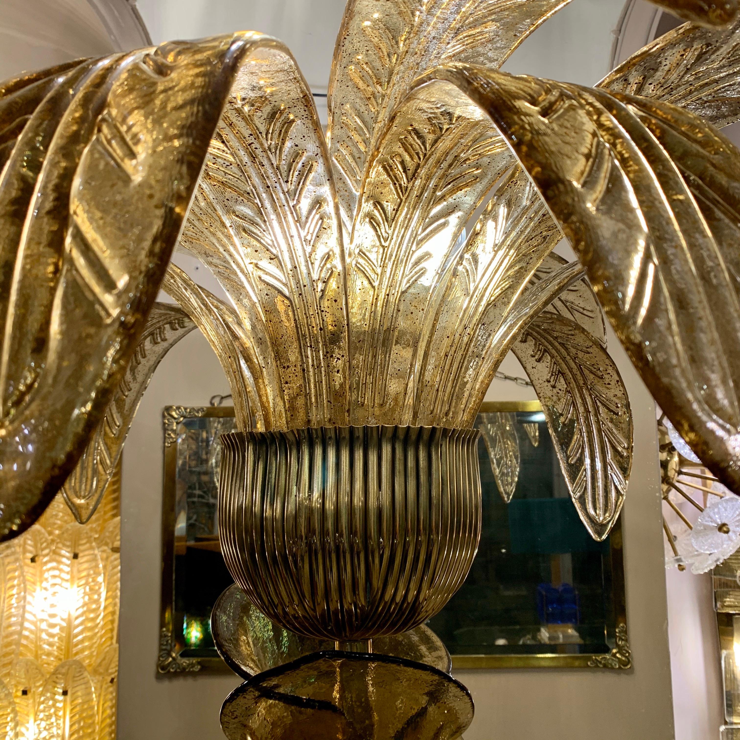 Fumè and Gold Murano Glass Palm Tree Floor Lamp, Brass Fittings, 1970s 11