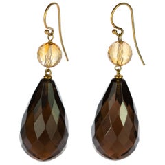 Fume Citrine Quartz Sphere Briolette 18 Karat Gold Dangle Handmade Earrings