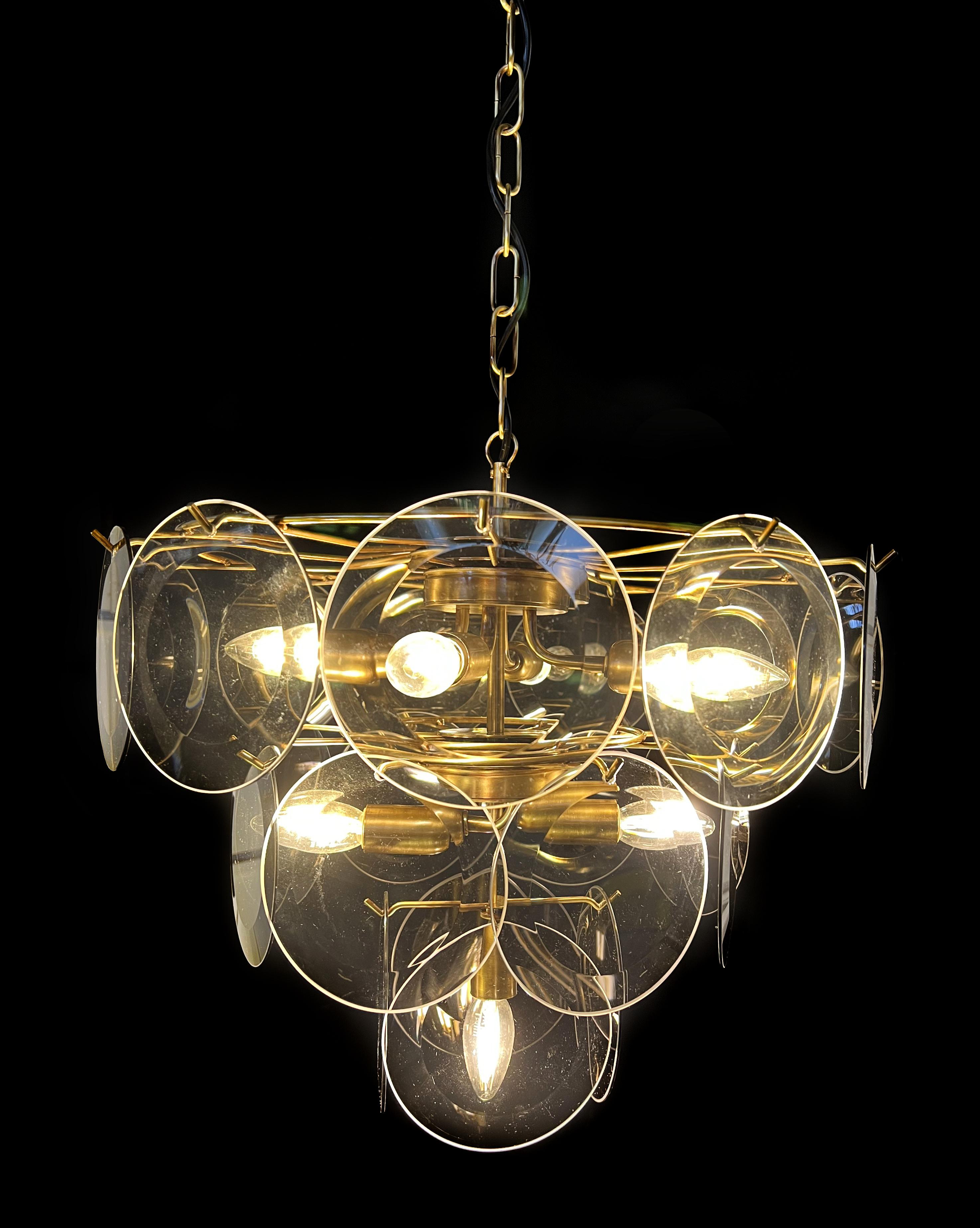 European Fumé Murano  Disc Glass Chandelier by Vistosi For Sale