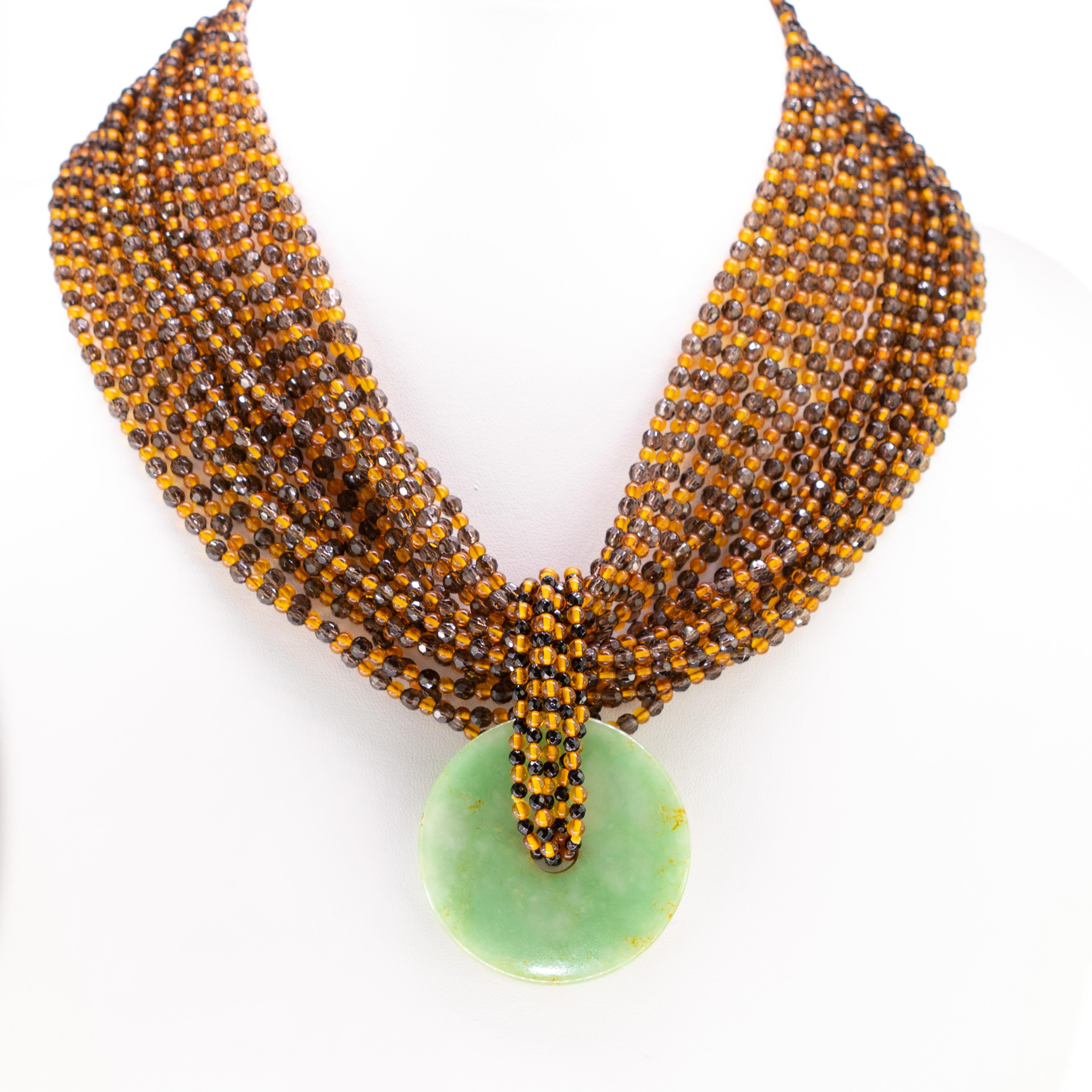 Taglio rotondo Ciondolo di quarzo ambra ciambella di giada 925 Argento dorato Collana a girocollo con perline in vendita