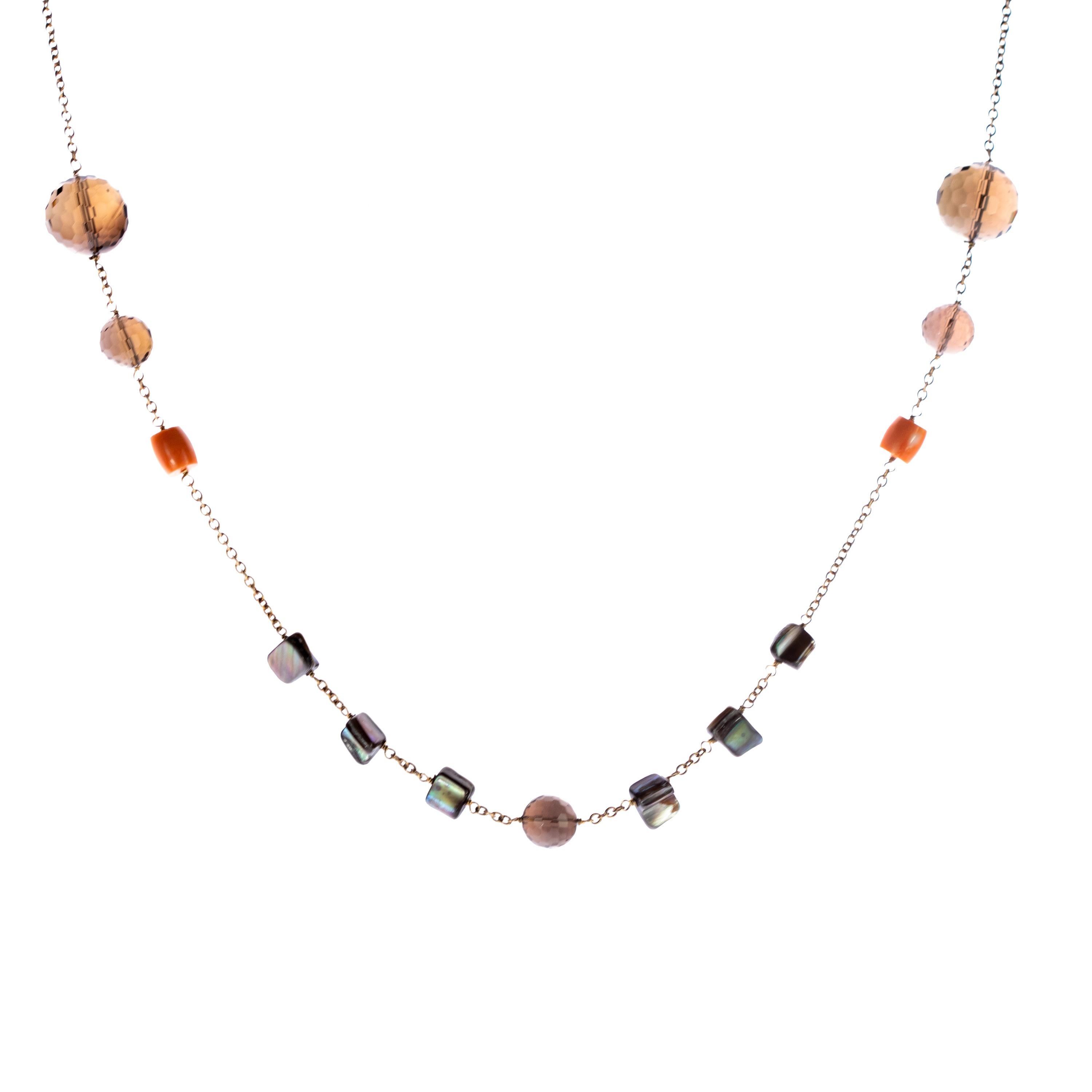 Modern Fume Quartz Coral Mother of Pearl Beaded Short Long Wrap Around Necklace For Sale