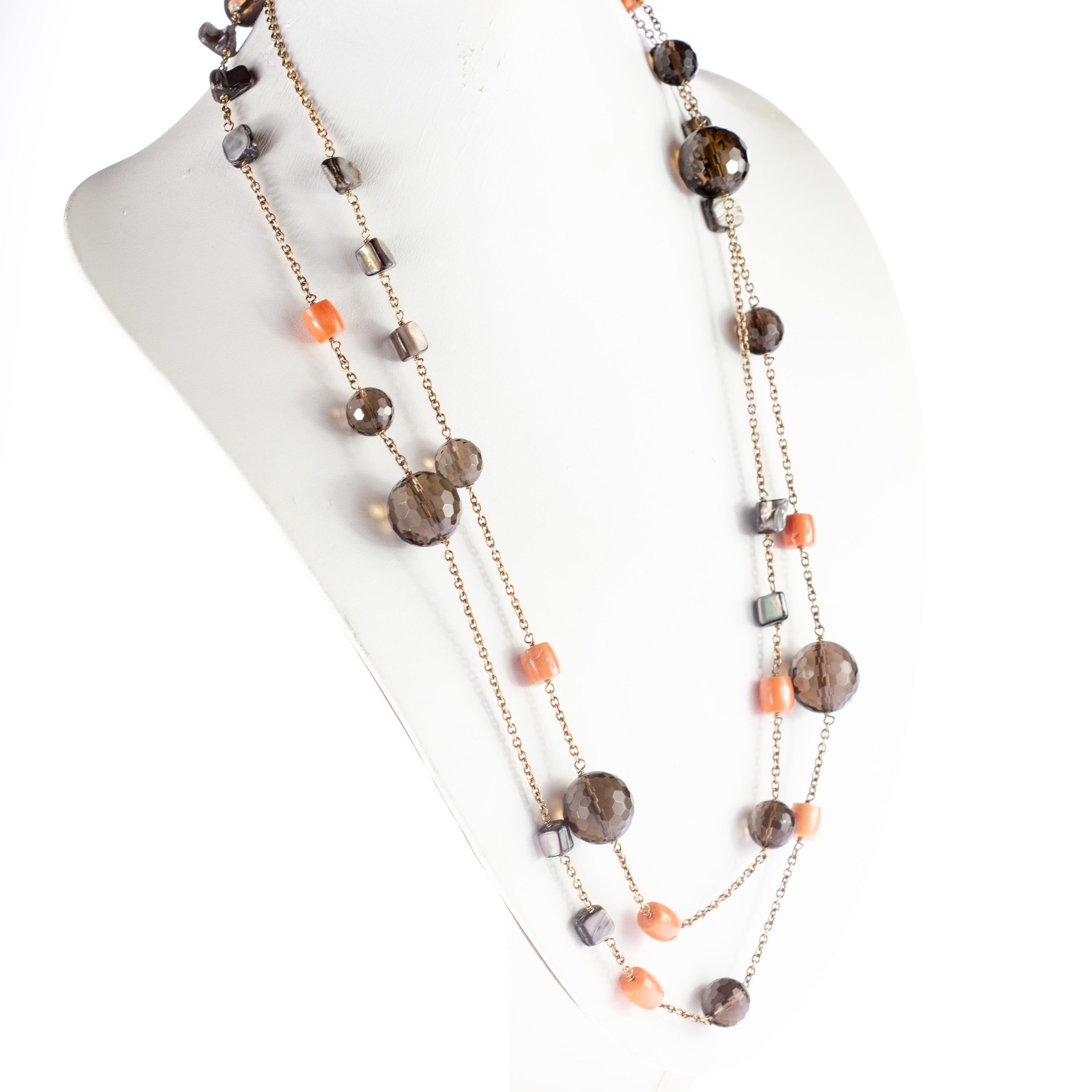 Mixed Cut Fume Quartz Coral Mother of Pearl Beaded Short Long Wrap Around Necklace For Sale