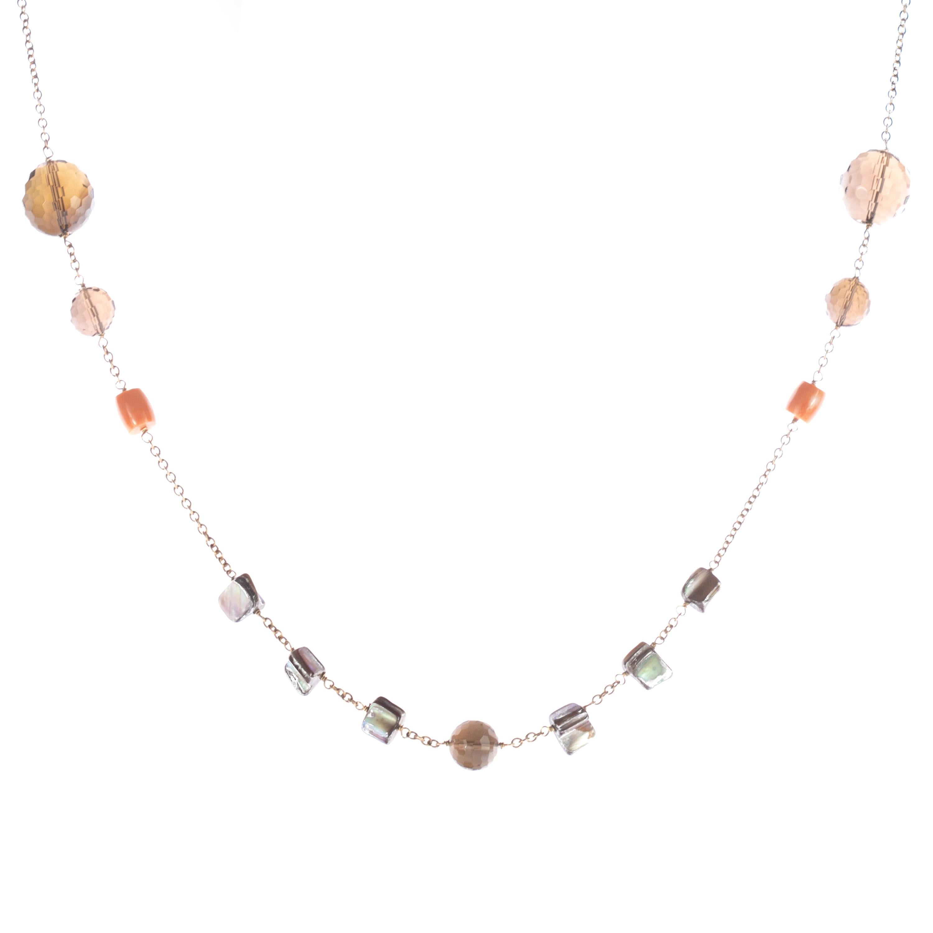 Women's Fume Quartz Coral Mother of Pearl Beaded Short Long Wrap Around Necklace For Sale