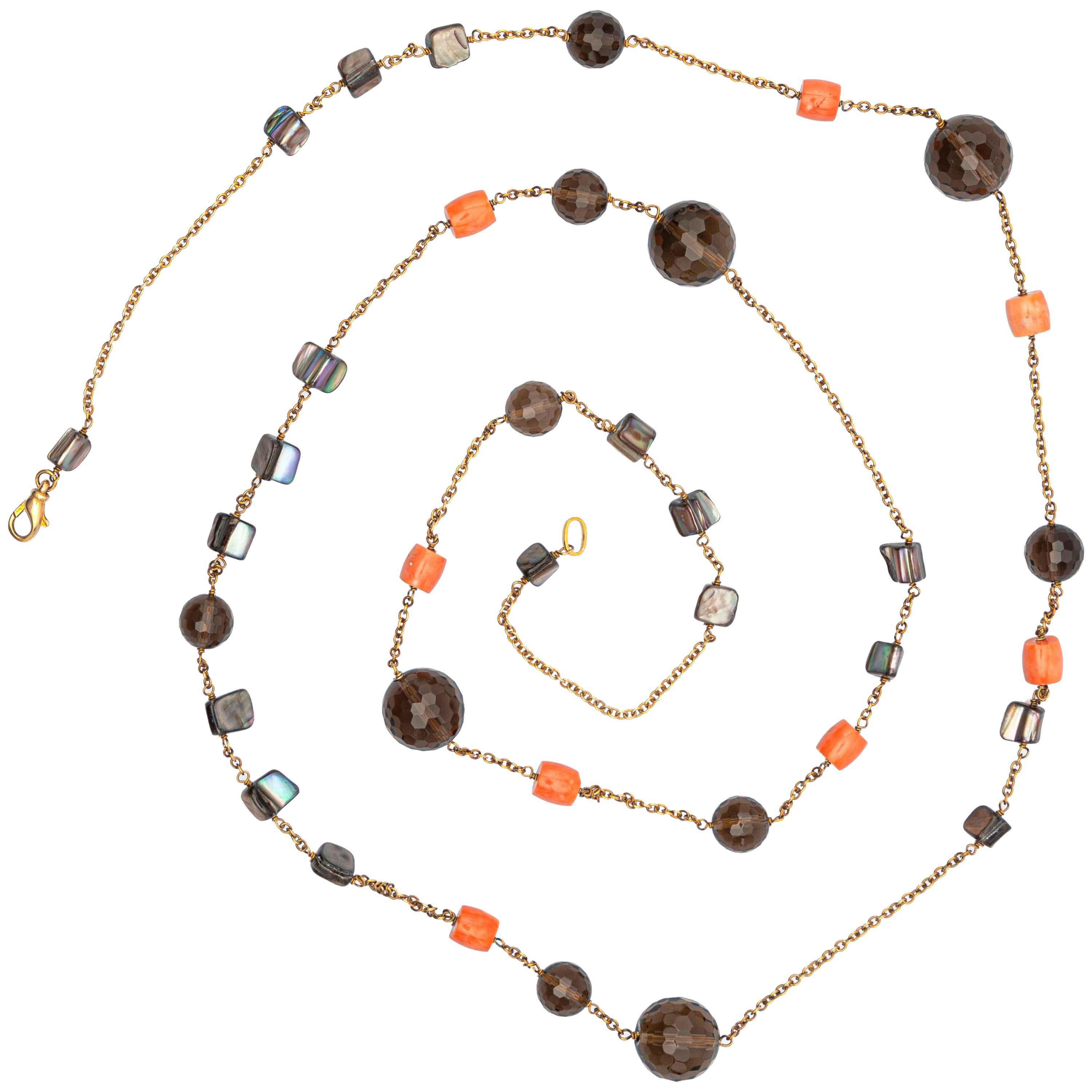 Fume Quartz Coral Mother of Pearl Beaded Short Long Wrap Around Necklace For Sale