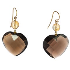 Fume Quartz Heart Citrine Sphere 18 Karat Yellow Gold Stud Dangle Stud Earrings