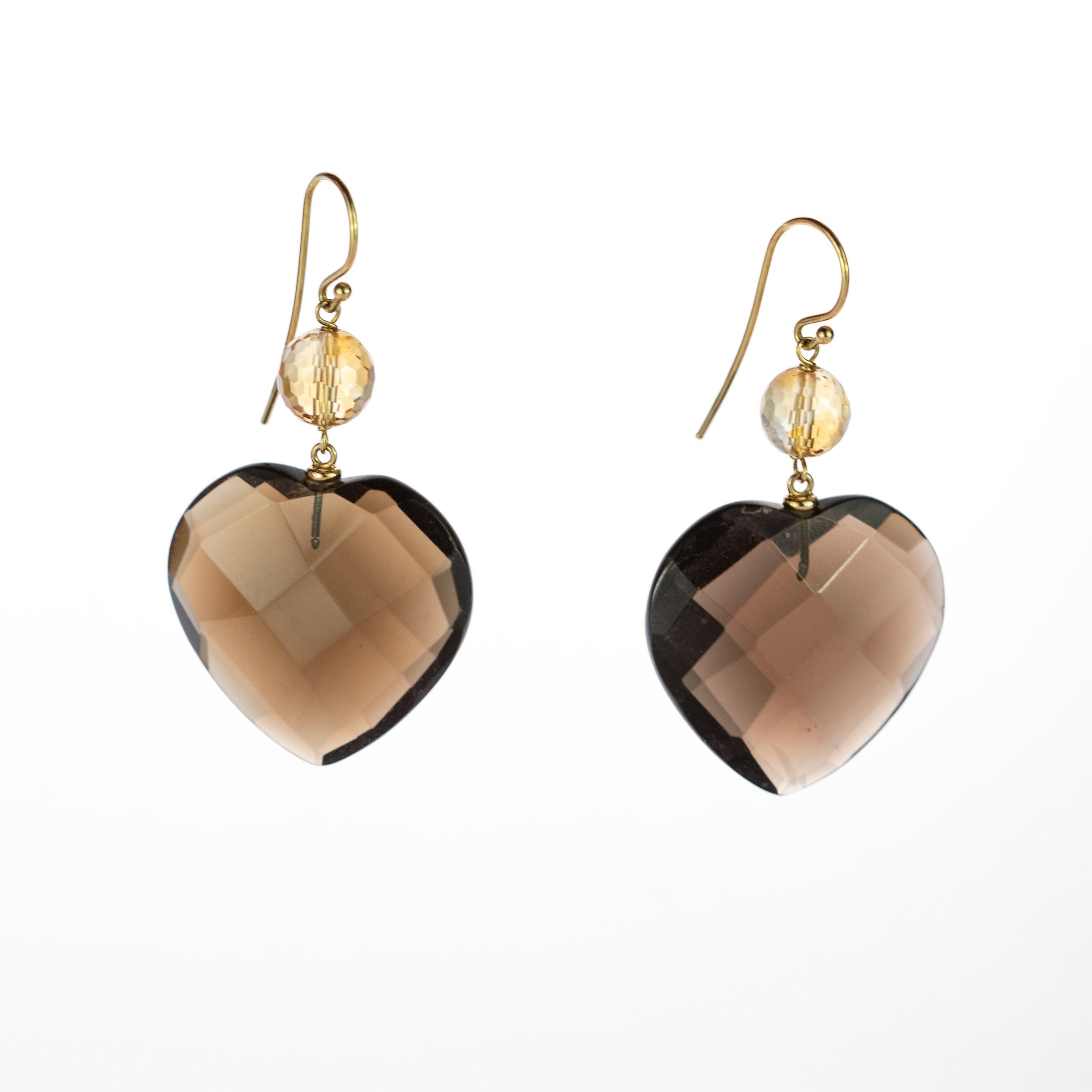 Romantic Fume Quartz Heart Citrine Sphere 18 Karat Yellow Gold Stud Dangle Stud Earrings